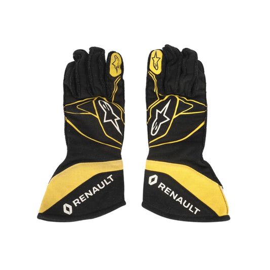 Black and yellow Carlos Sainz 2017 F1 racing gloves with Renault branding on a white background