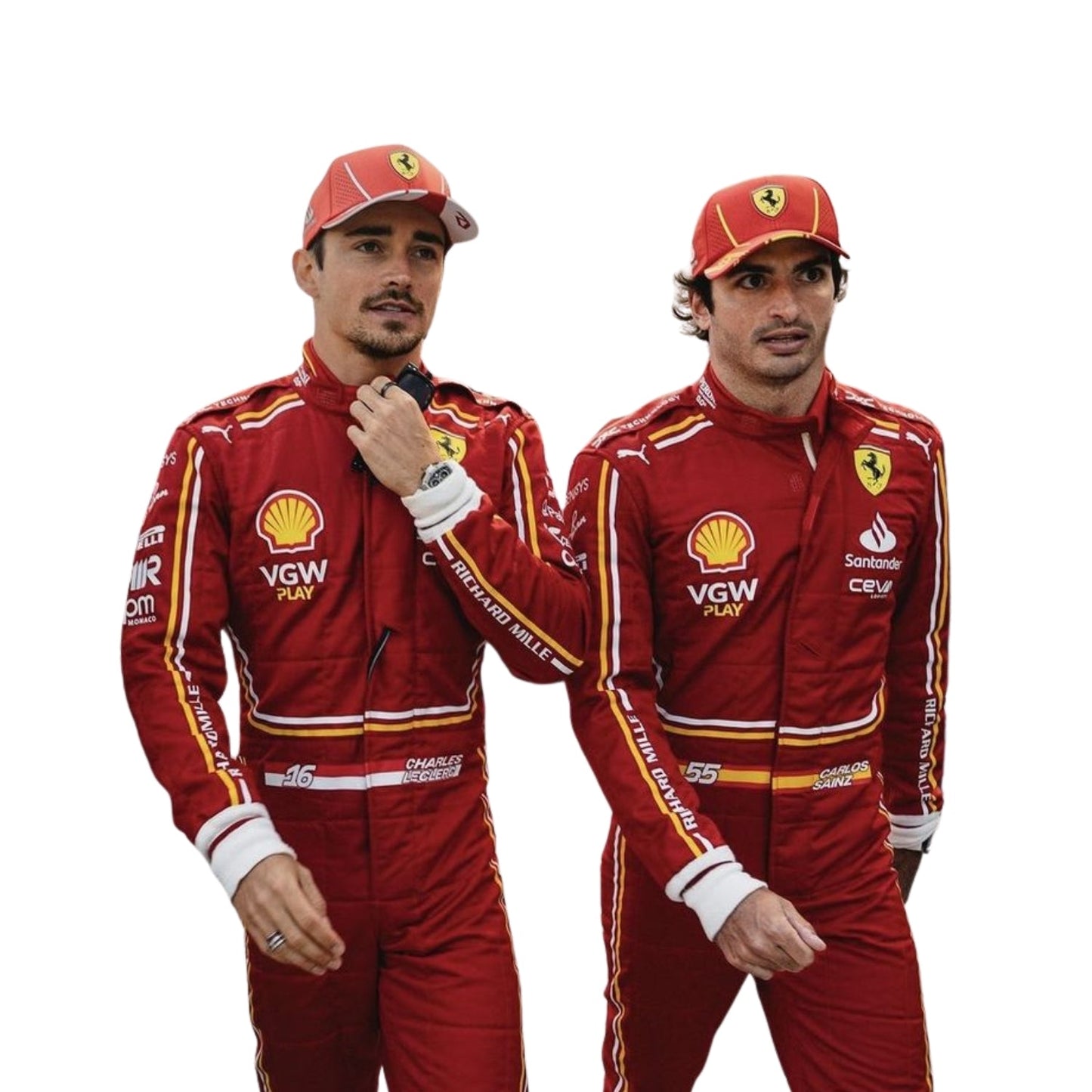 Close-up of Carlos Sainz's and Charles Leclerc 2024 F1 race suit, highlighting the red and yellow design with detailed stitching and sponsor logos.
