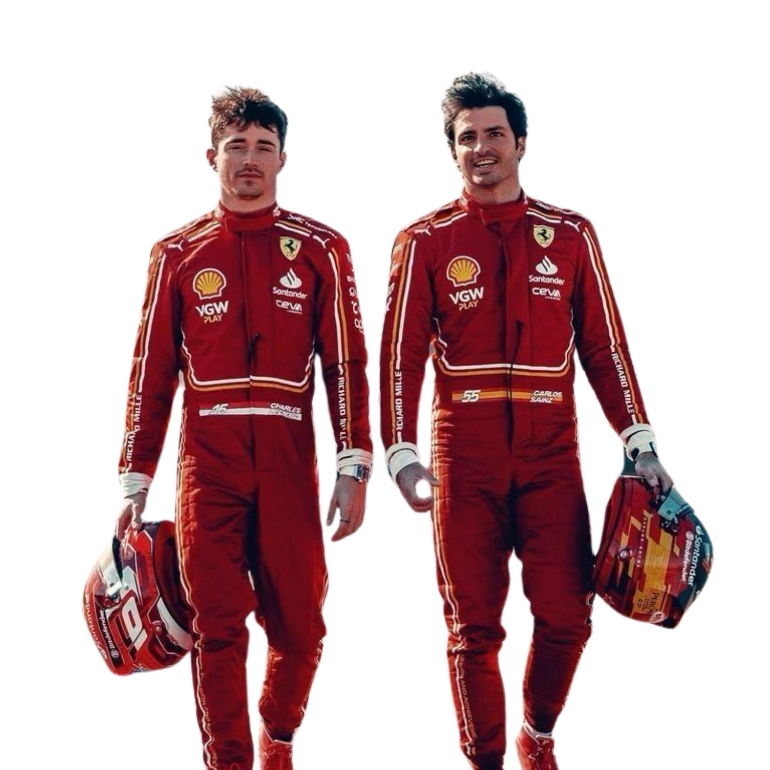 Front view of Carlos Sainz's and Charles Leclerc 2024 F1 racing suit in red with yellow accents, showcasing a vibrant design with sponsor logos.