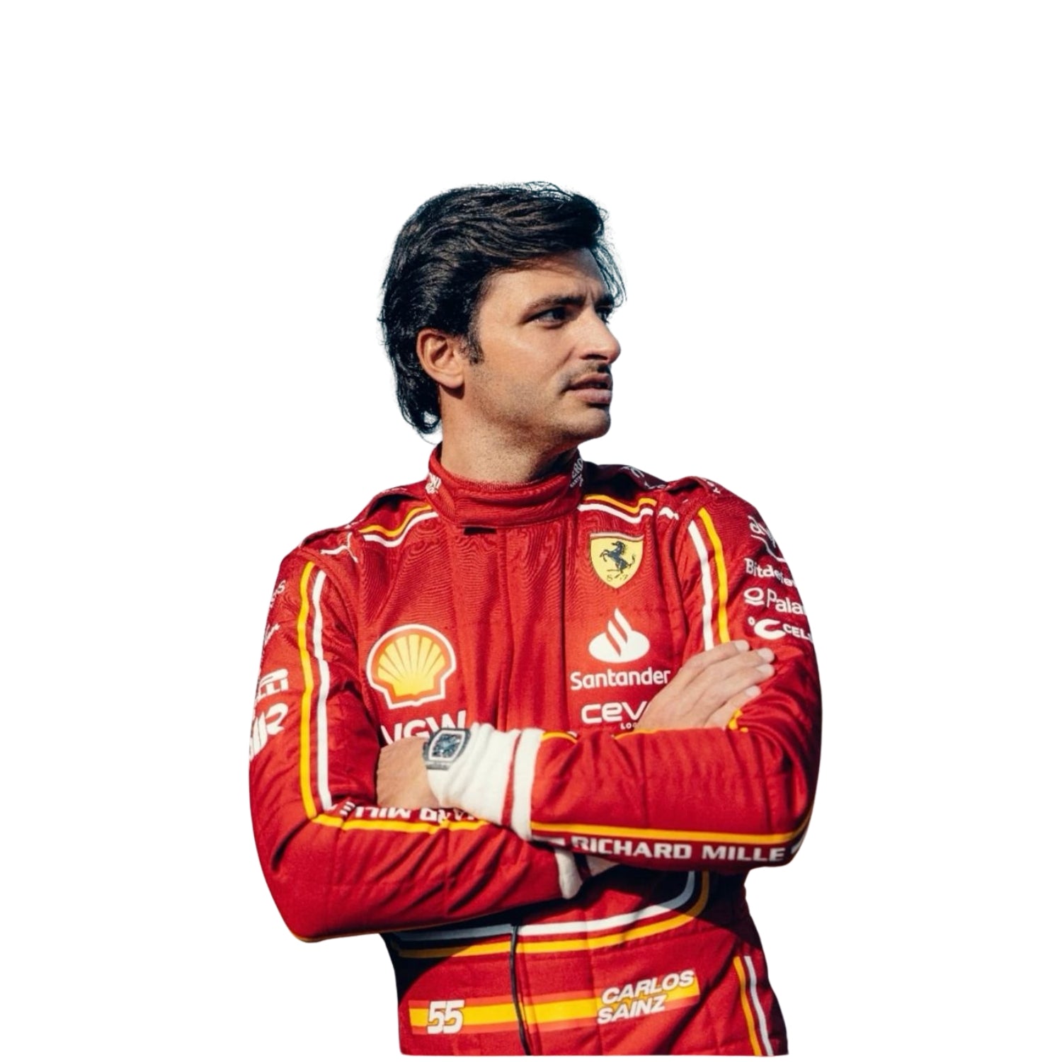 Close-up of Carlos Sainz's 2024 F1 race suit, highlighting the red and yellow design with detailed stitching and sponsor logos.