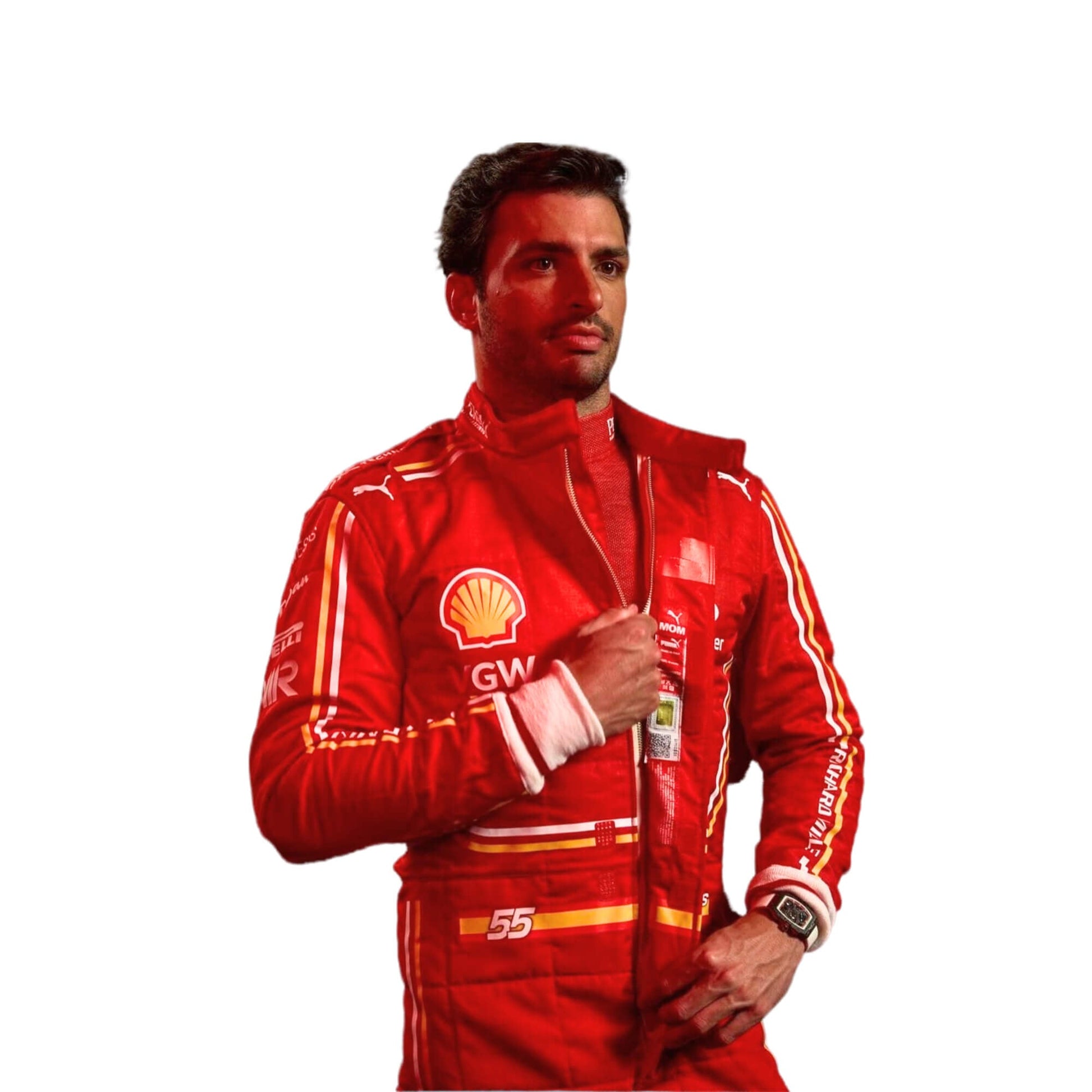 Close-up of Carlos Sainz's 2024 F1 race suit, highlighting the red and yellow design with detailed stitching and sponsor logos.