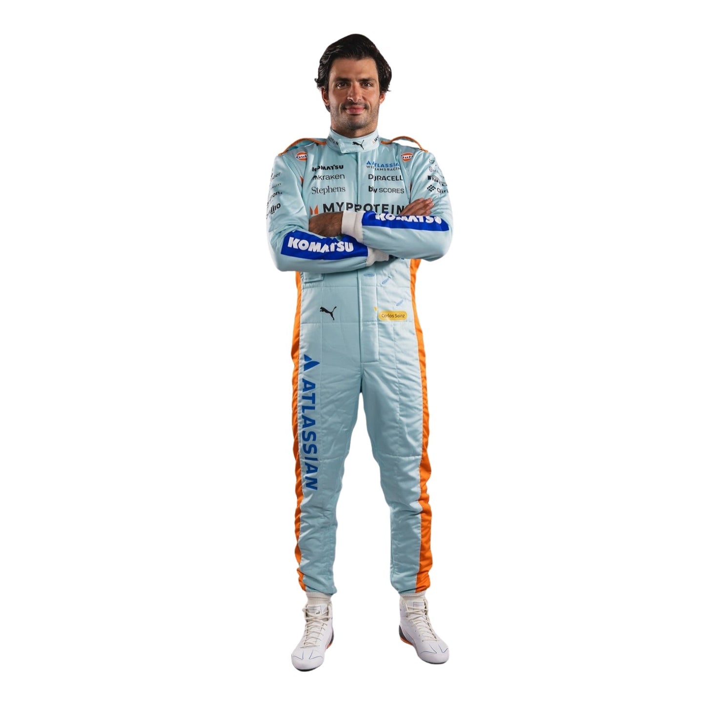 Carlos Front view of wearing a light blue 2025 brazil gp racing suit with various sponsor logos on a white background