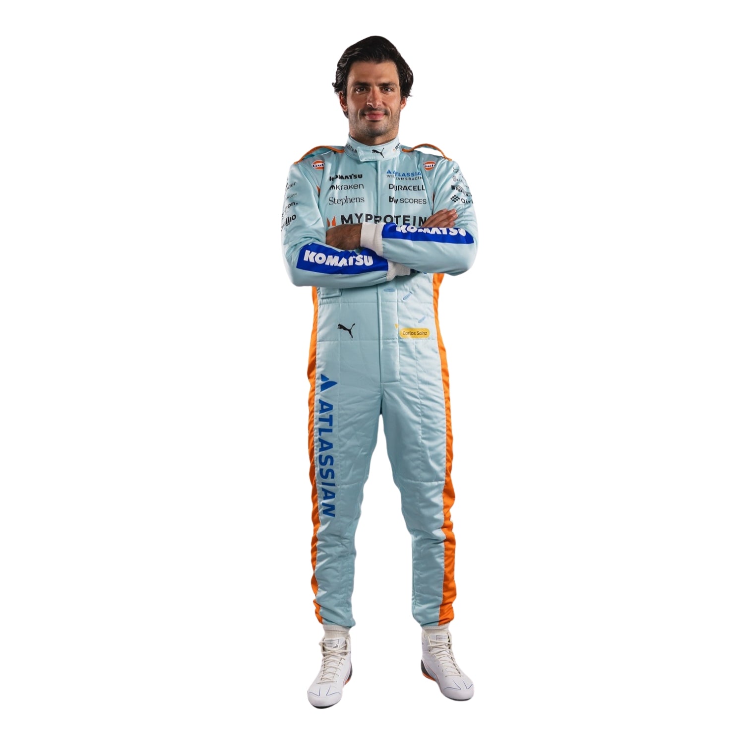 Carlos Front view of wearing a light blue 2025 brazil gp racing suit with various sponsor logos on a white background