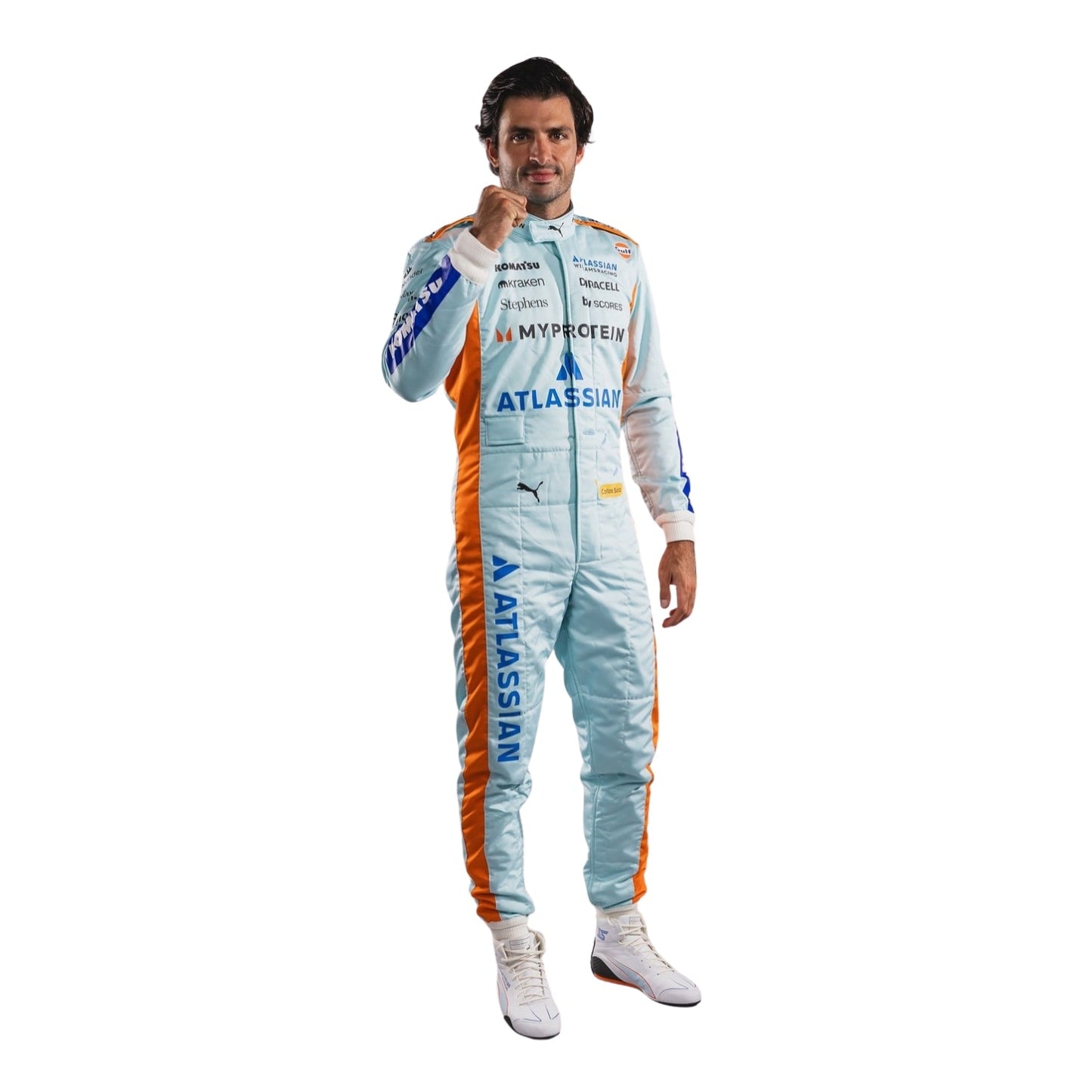 Carlos Full Front view of wearing a light blue 2025 brazil gp F1 Racing SUit with various brand logos on a white background
