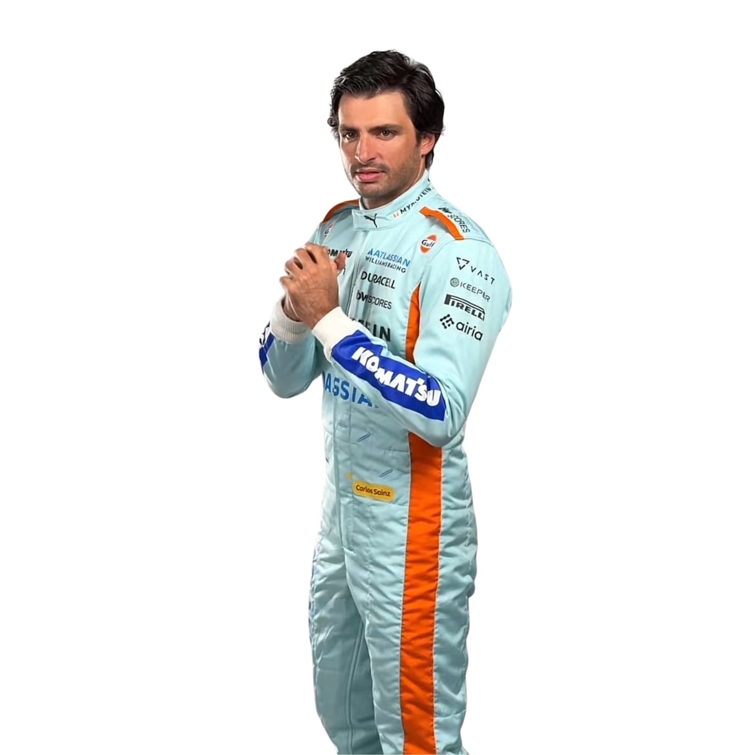 Carlos Doing Signature pose wearing a light blue racing suit with orange accents on a white background