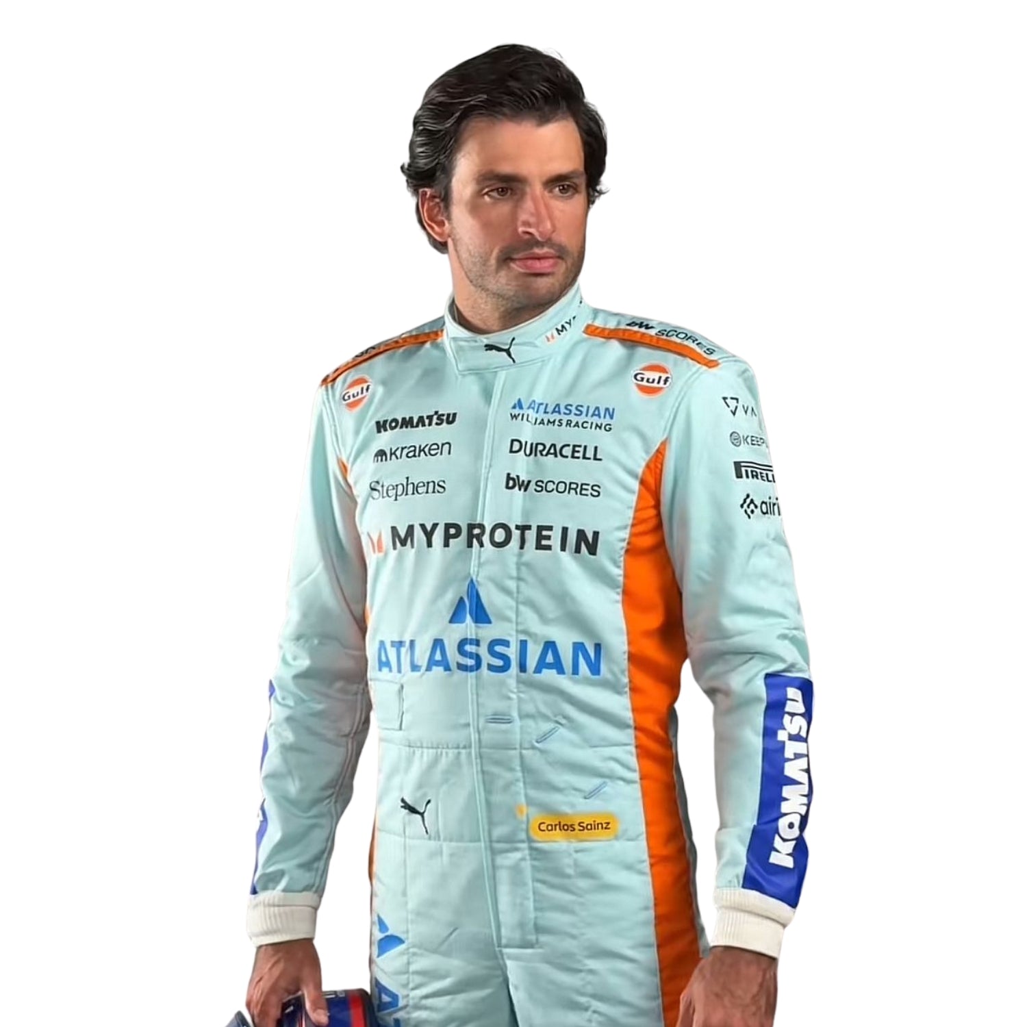 Close Up Front View Of Carlos Sainz wearing a light blue brazil gp 2025 racing suit with various sponsor logos on a white background