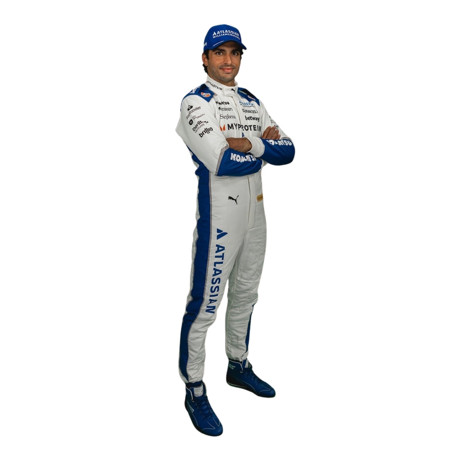 Carlos wearing 2025 united states racing suit with various sponsor logos on a white background