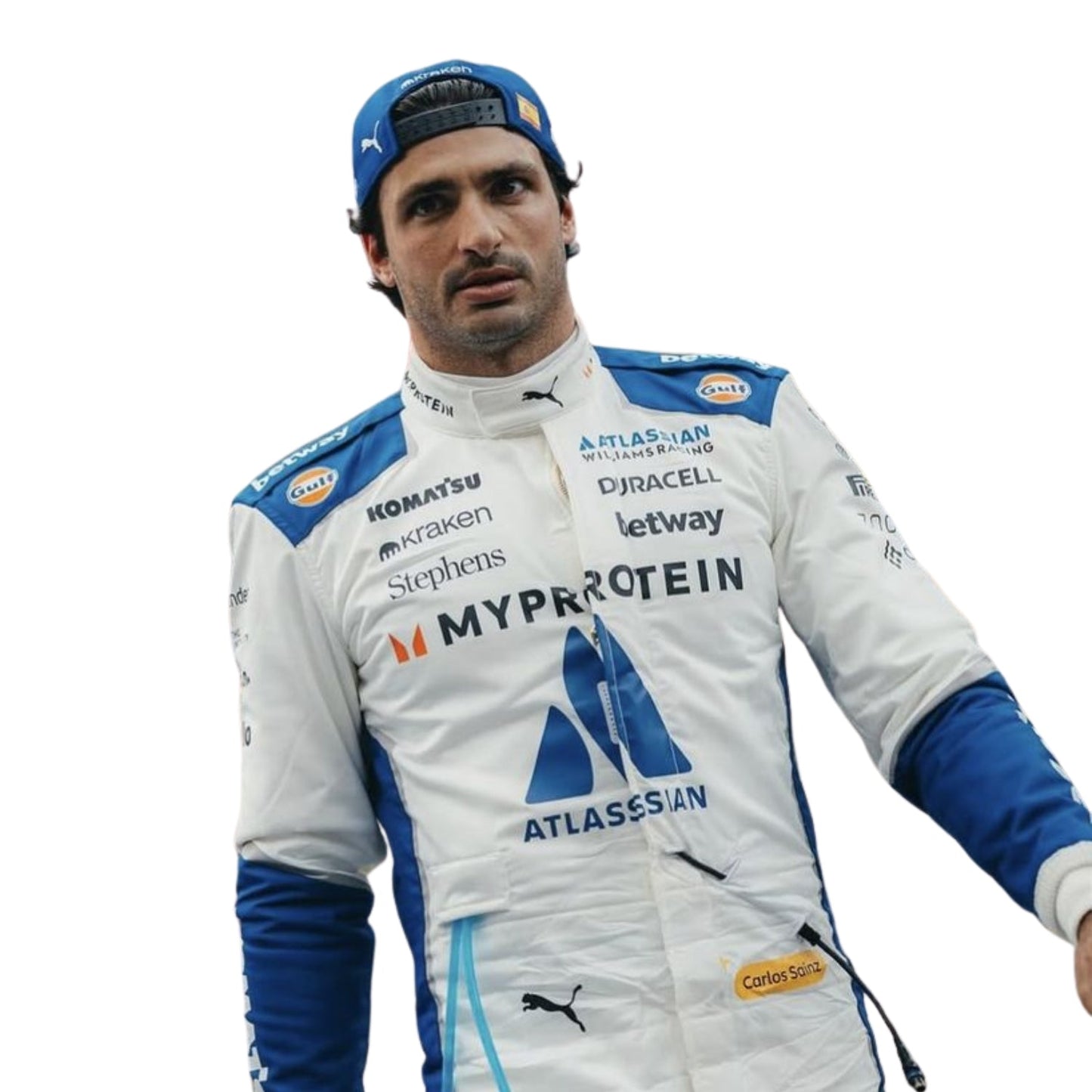 Close up view of carlos wearing a racing suit with various sponsor logos on a white background