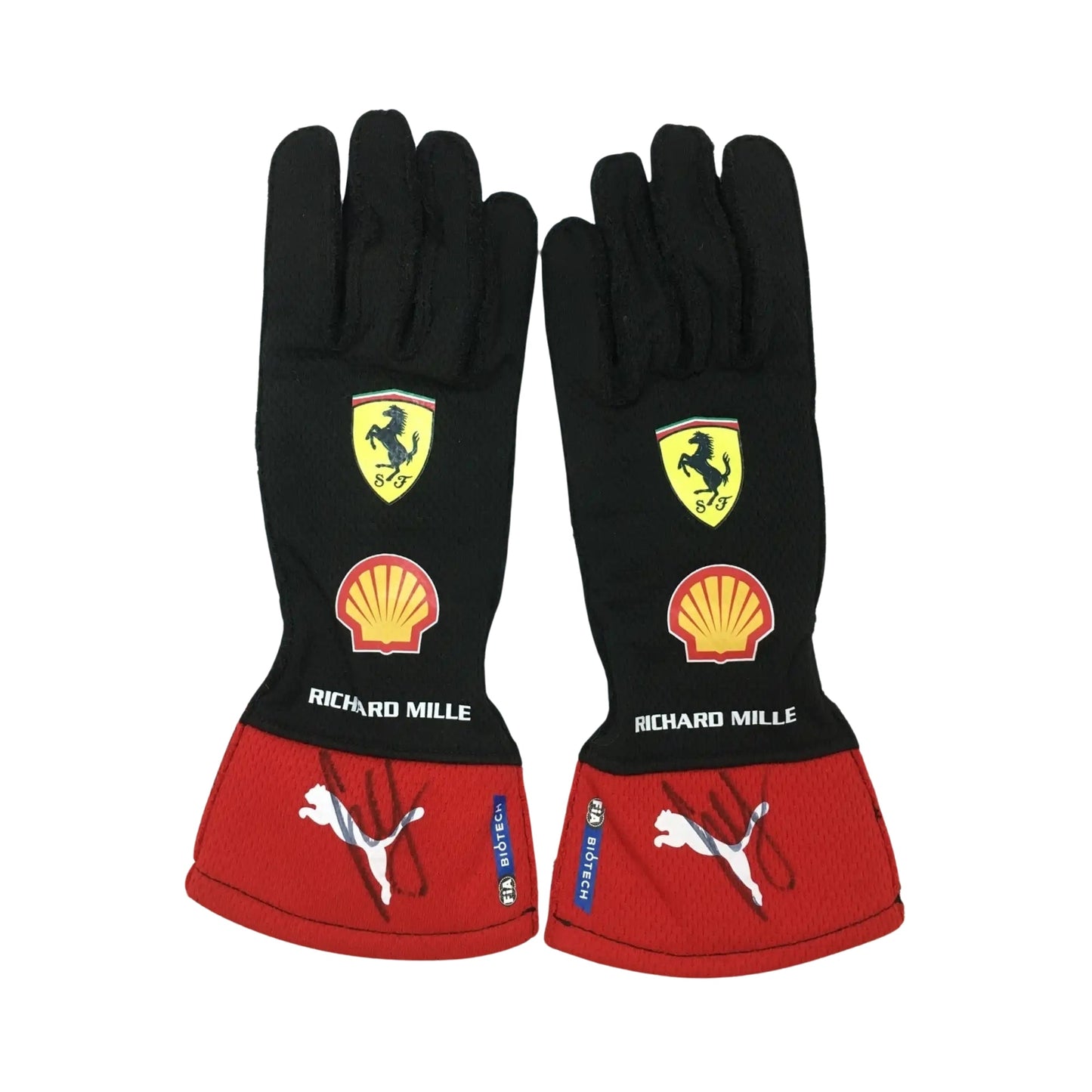 Black and red Carlos Sainz Jr 2023 F1 racing gloves with logos on a white background