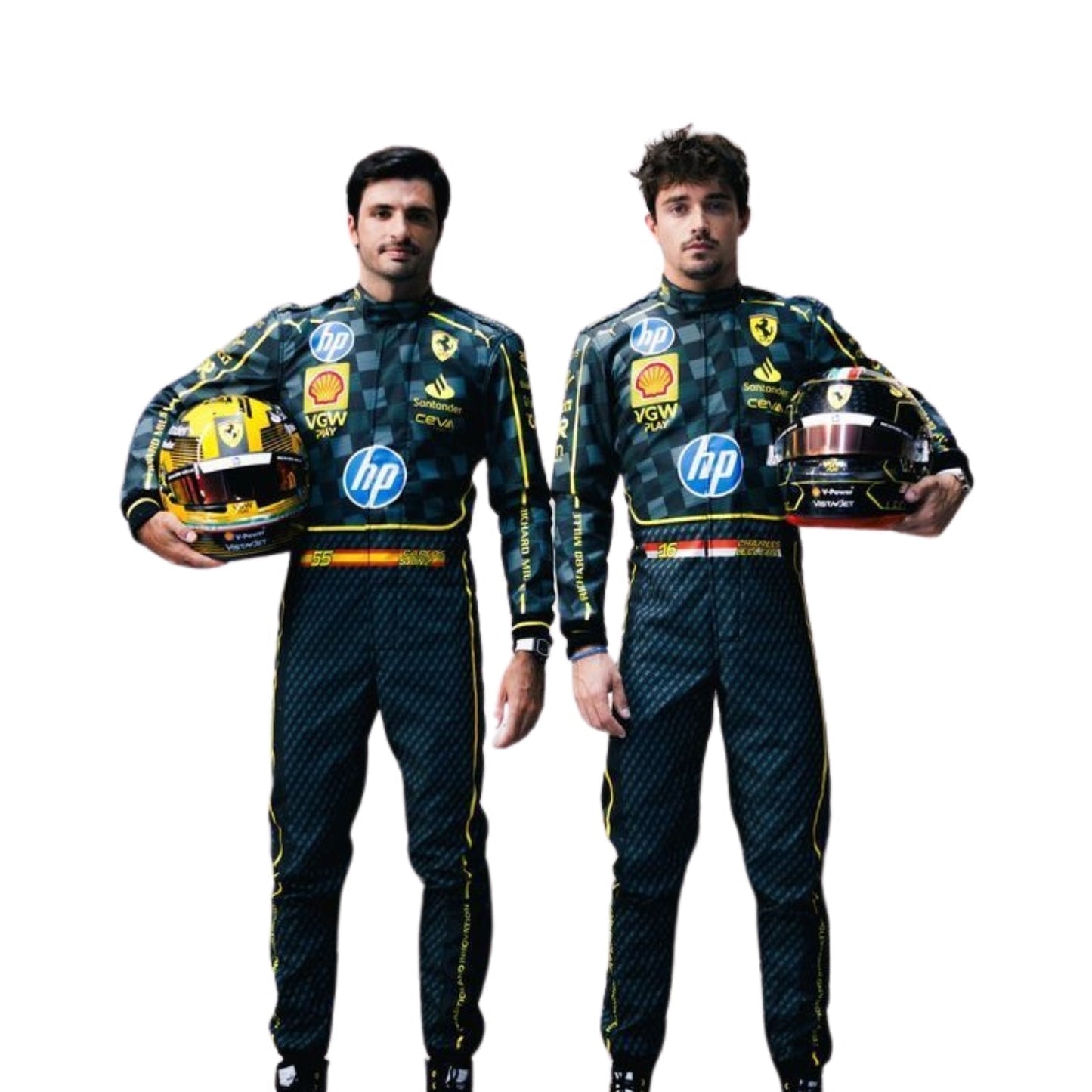 Front view of Carlos Sainz Jr.'s and Charles Leclerc 2024 Italian GP F1 racing suit in black carbon fiber texture with yellow accents and sponsor logos.
