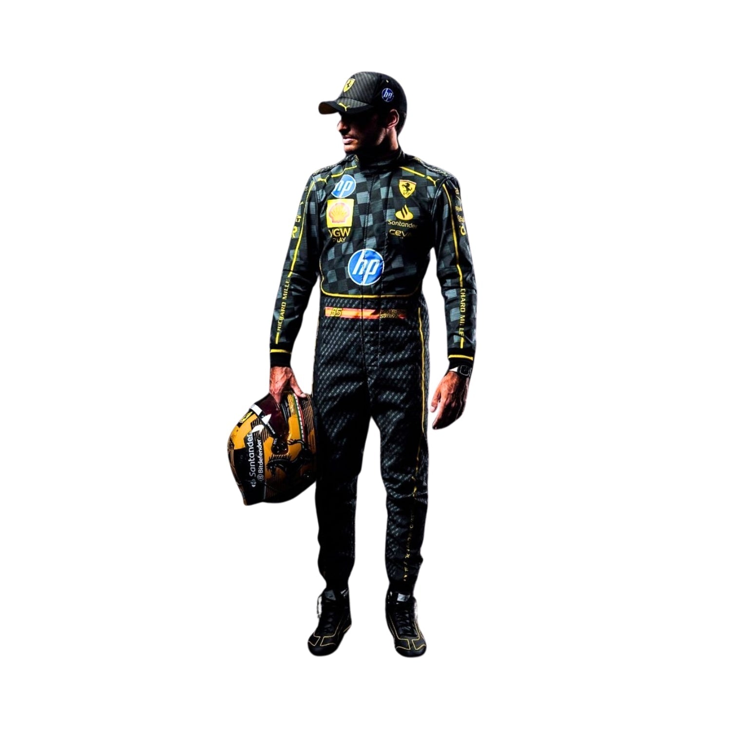 Front view of Carlos Sainz Jr.'s 2024 Italian GP F1 racing suit in black carbon fiber texture with yellow accents and sponsor logos.