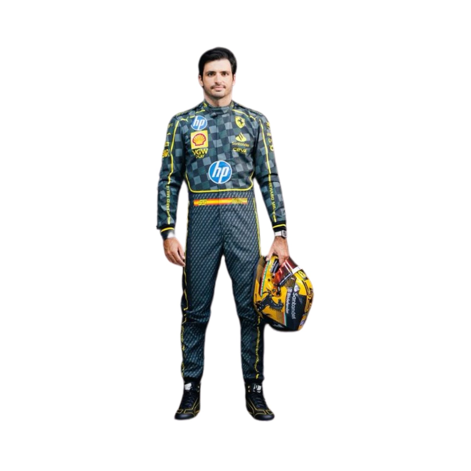 Front view of Carlos Sainz Jr.'s 2024 Italian GP F1 racing suit in black carbon fiber texture with yellow accents and sponsor logos.