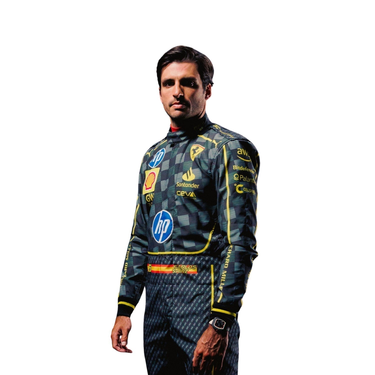 Close-up of the 2024 Italian GP F1 race suit inspired by Carlos Sainz Jr., showing the intricate black carbon fiber texture and yellow stitching.