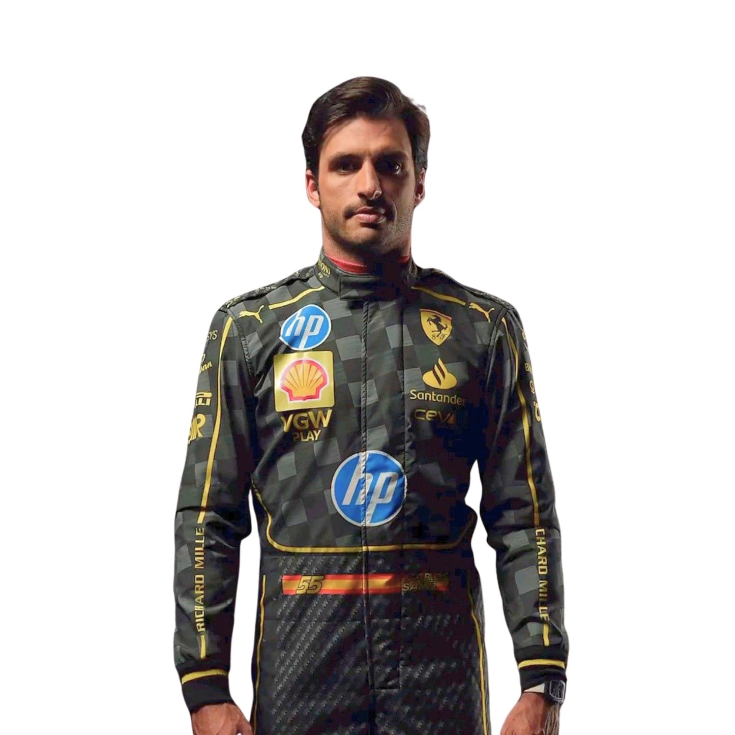 Close-up of the 2024 Italian GP F1 race suit inspired by Carlos Sainz Jr., showing the intricate black carbon fiber texture and yellow stitching.