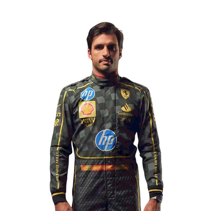 Close-up of the 2024 Italian GP F1 race suit inspired by Carlos Sainz Jr., showing the intricate black carbon fiber texture and yellow stitching.
