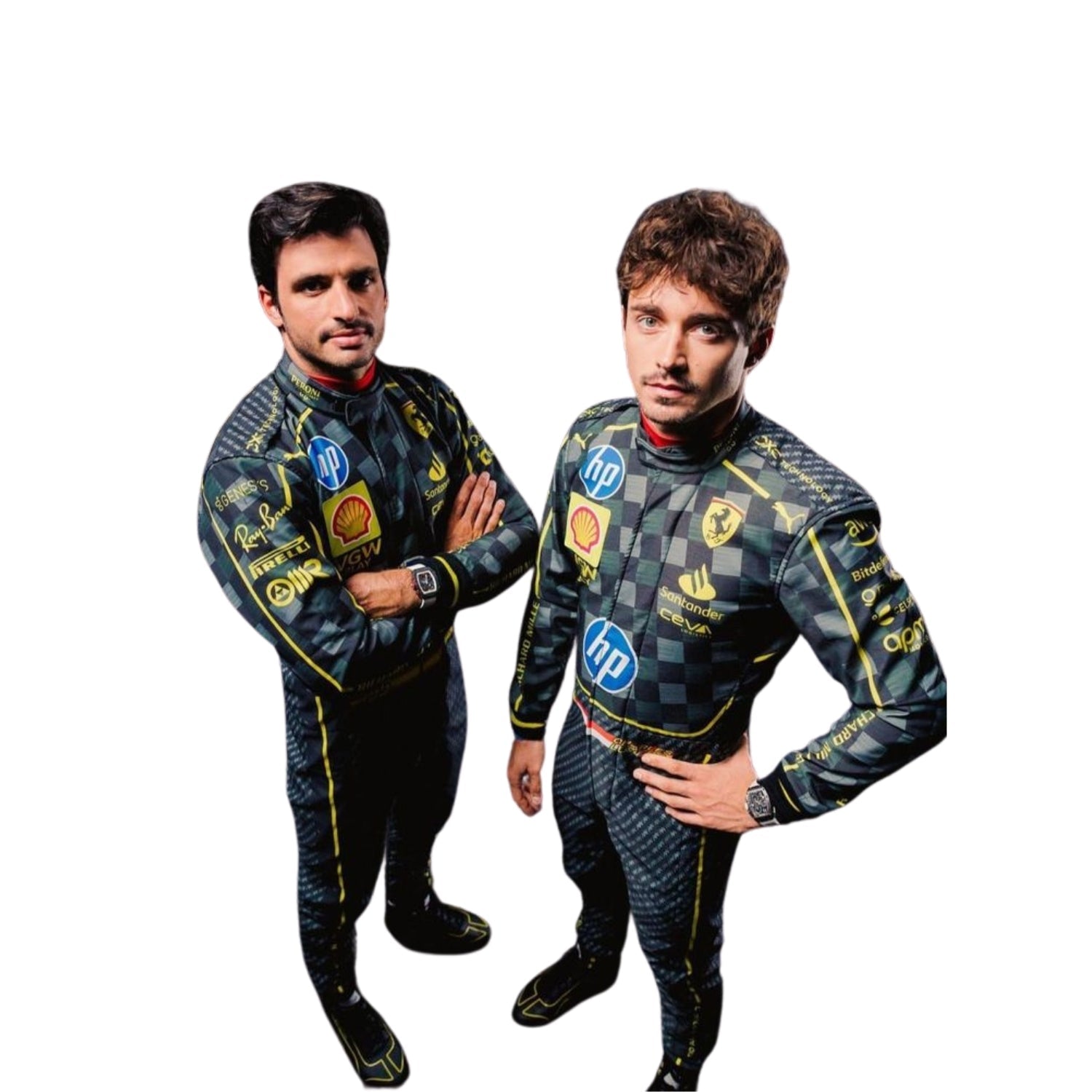 Front view of Carlos Sainz Jr.'s and Charles Leclerc 2024 Italian GP F1 racing suit in black carbon fiber texture with yellow accents and sponsor logos.