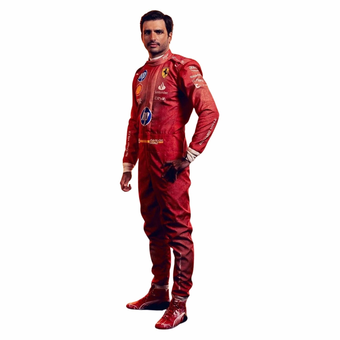 Carlos Sainz Jr. is wearing a 2024 Ferrari red Las Vegas GP F1 racing suit with various logos on a white background