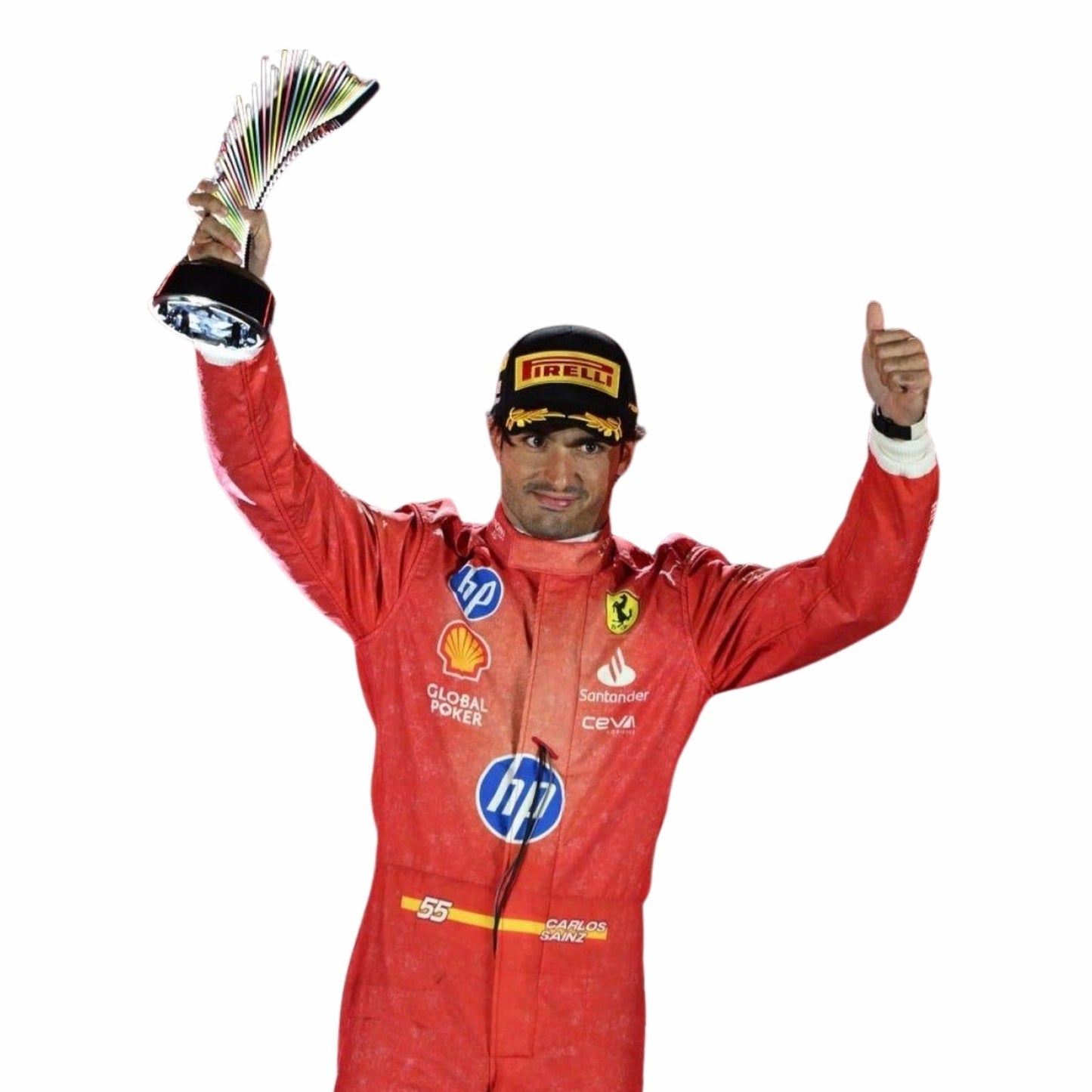 Carlos Sainz Jr. in a 2024 Ferrari red Las Vegas GP F1 racing suit, holding a trophy and giving a thumbs-up on a white background