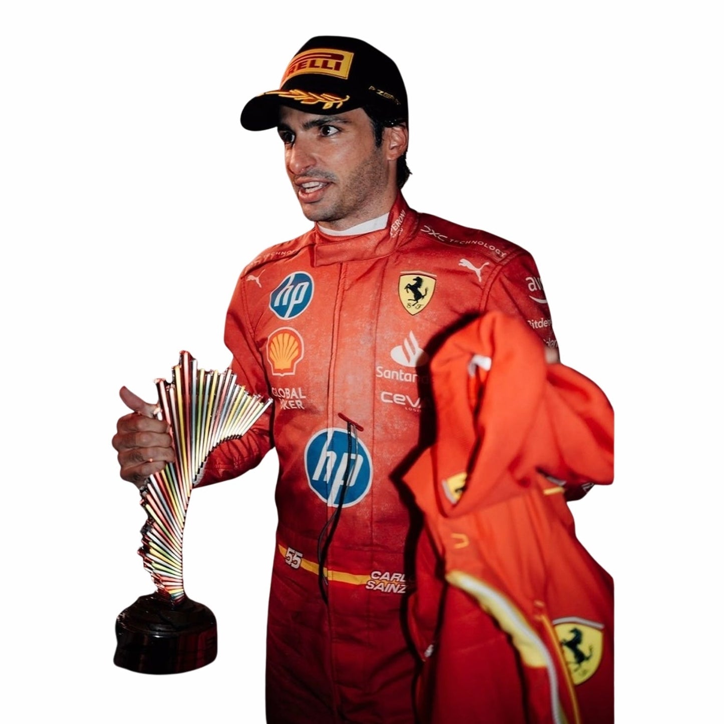 Carlos Sainz Jr. in a 2024 Ferrari F1 red Las Vegas GP F1 racing suit holding a trophy on a white background