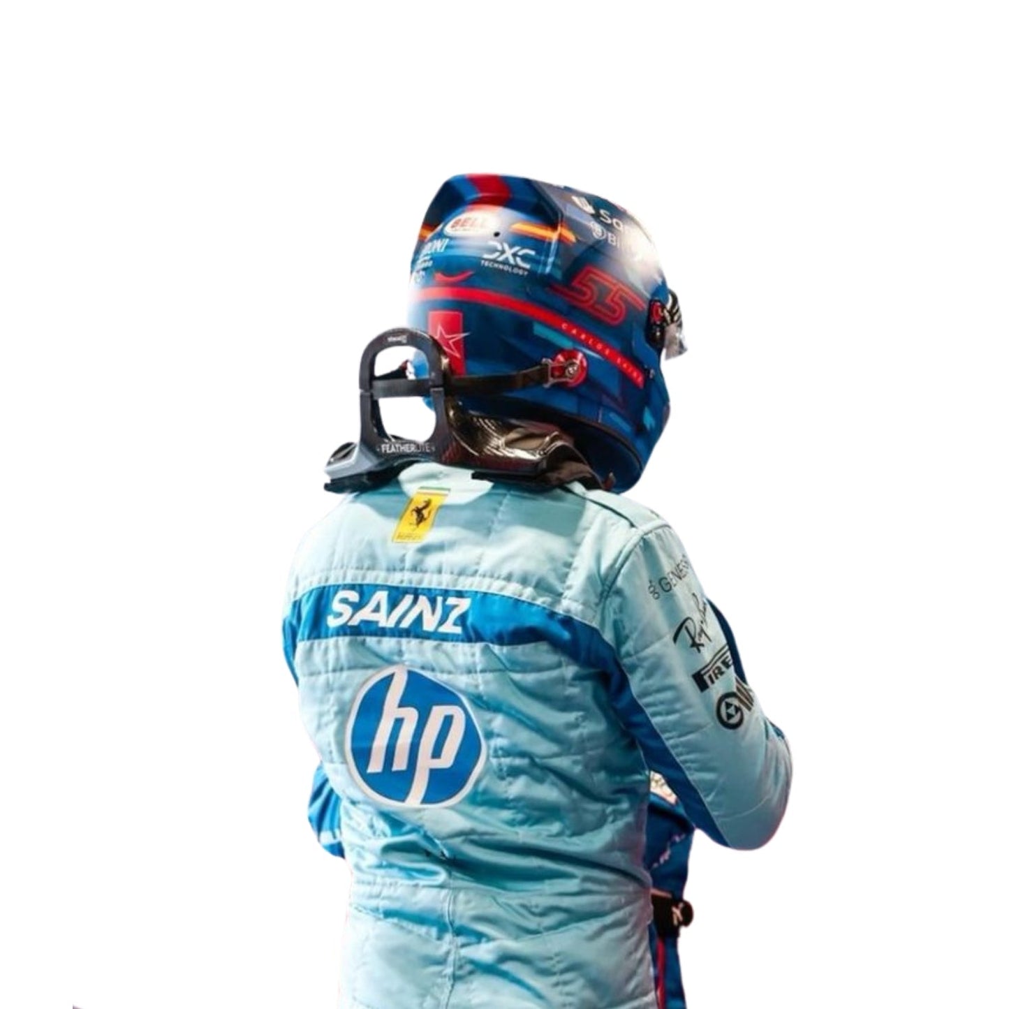 Rear look at the 2024 Miami Grand Prix race suit worn by Carlos Sainz Jr, featuring a light blue base with dark blue contouring and yellow sponsor prints.