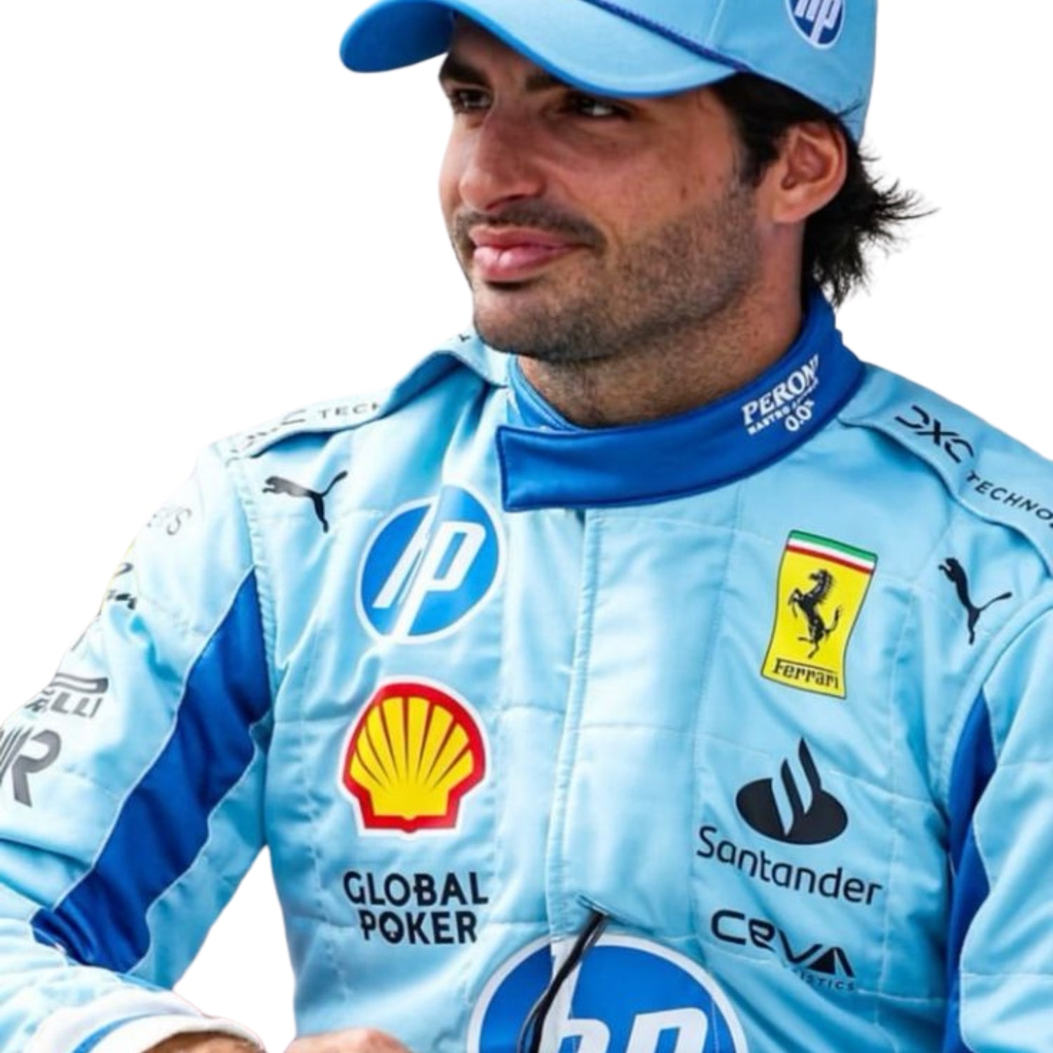Close-up detail of blue F1 racing suit inspired by Carlos Sainz Jr’s 2024 Miami look, showing breathable mesh zones and fine yellow stitching.
