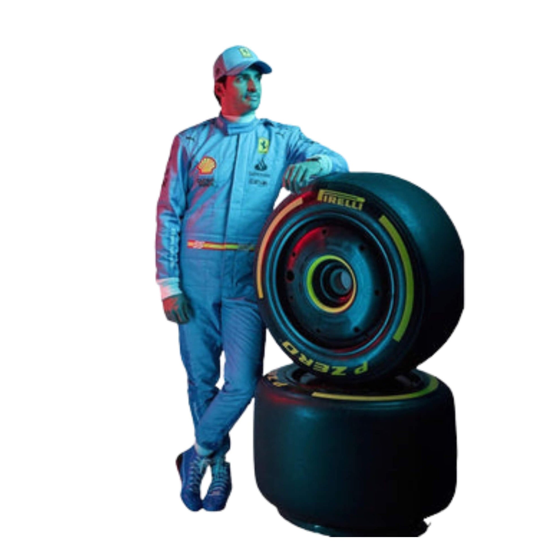 Front view of Carlos Sainz Jr’s 2024 Miami GP F1 racing suit in striking light blue with navy blue side panels and yellow accent branding.

