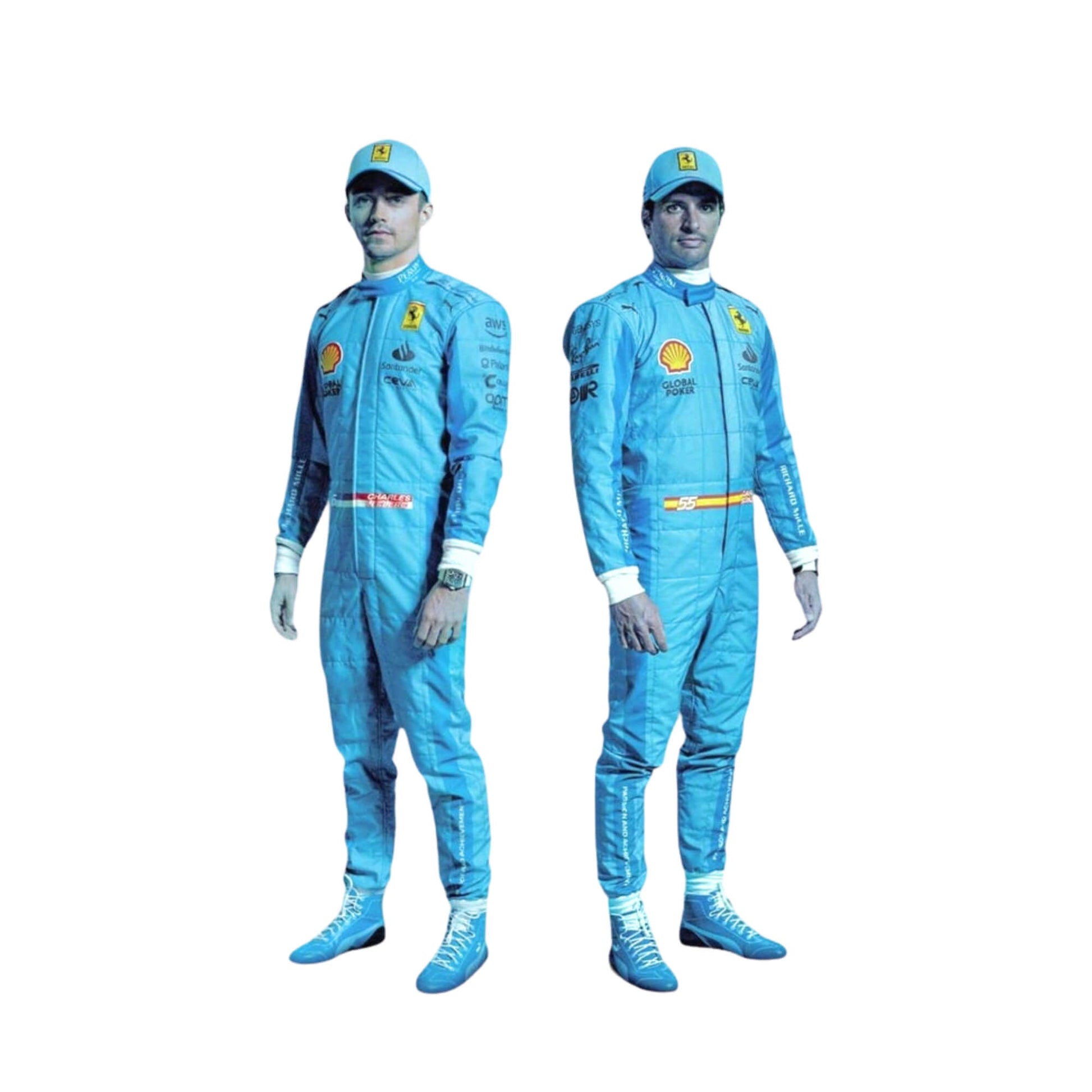 Front view of Carlos Sainz Jr’s and Charles Leclerc 2024 Miami GP F1 racing suit in striking light blue with navy blue side panels and yellow accent branding.