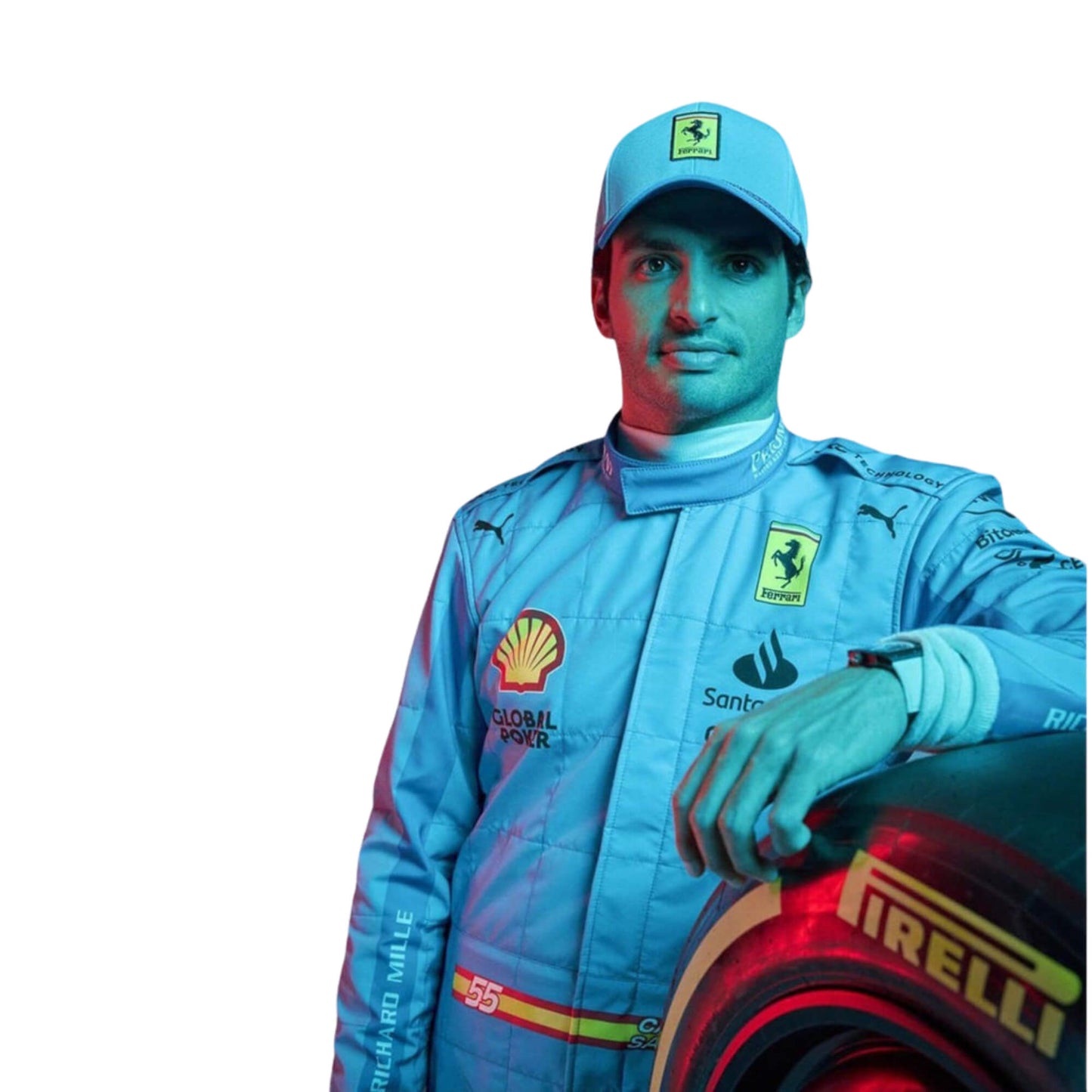 Close-up detail of blue F1 racing suit inspired by Carlos Sainz Jr’s 2024 Miami look, showing breathable mesh zones and fine yellow stitching.