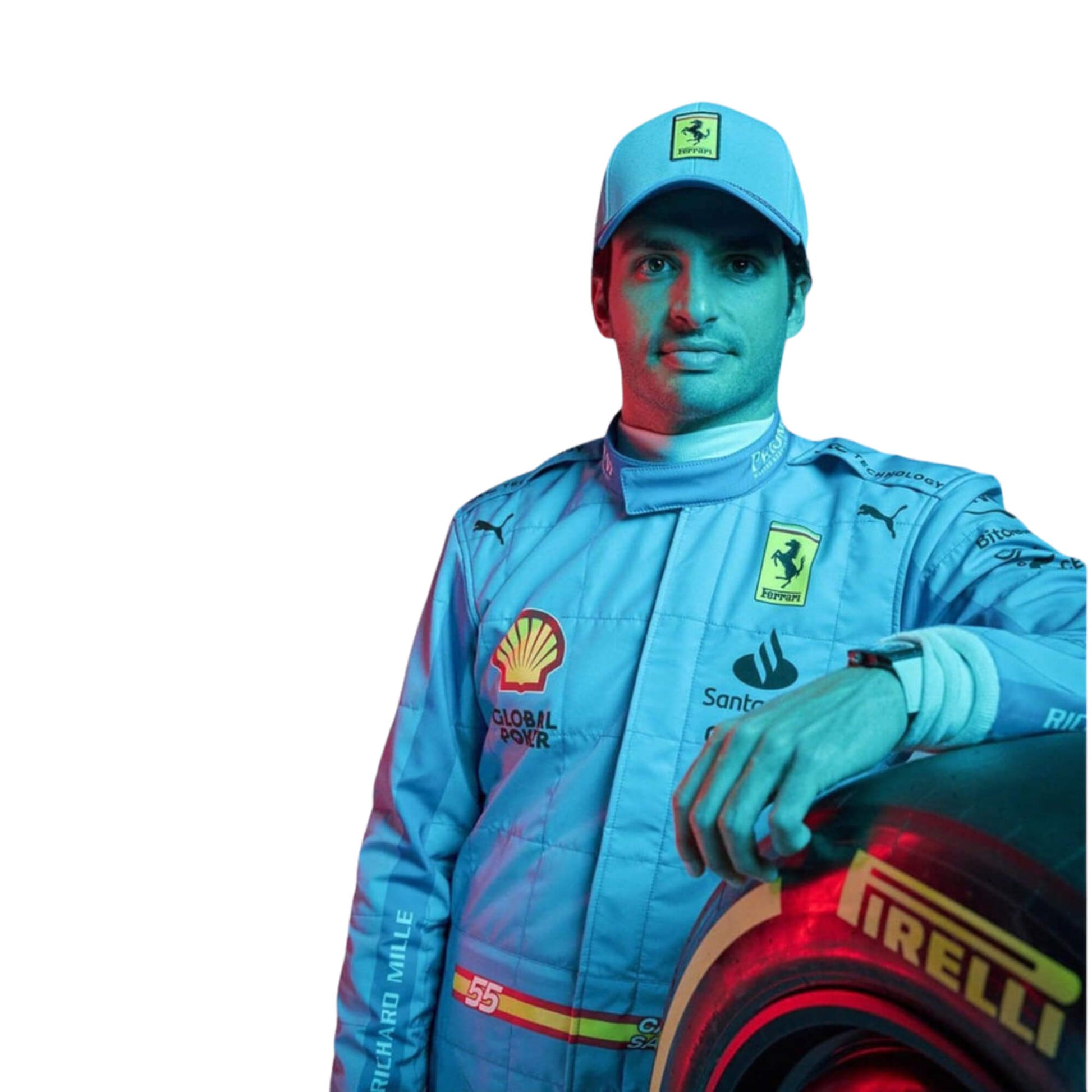 Close-up detail of blue F1 racing suit inspired by Carlos Sainz Jr’s 2024 Miami look, showing breathable mesh zones and fine yellow stitching.
