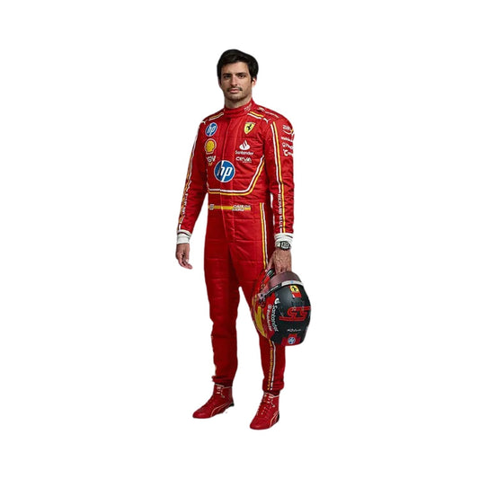 Carlos Sainz Jr.’s 2024 Monaco GP suit in vibrant red Cordura 600D polyester, featuring a smooth full‑zip front and a soft cotton‑towel lining for comfort.