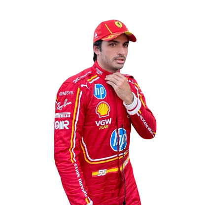 Side profile of the red racing suit, highlighting the elastic panel on the back for ease of movement and the crisp silhouette of the high‑performance Cordura fabric.