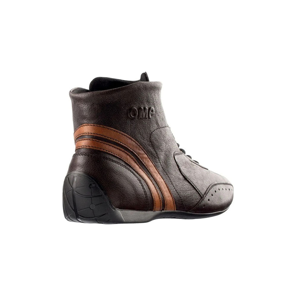 Gray and brown Carrera MY 2021 Vintage Racing shoe with 'OMC' branding on a white background