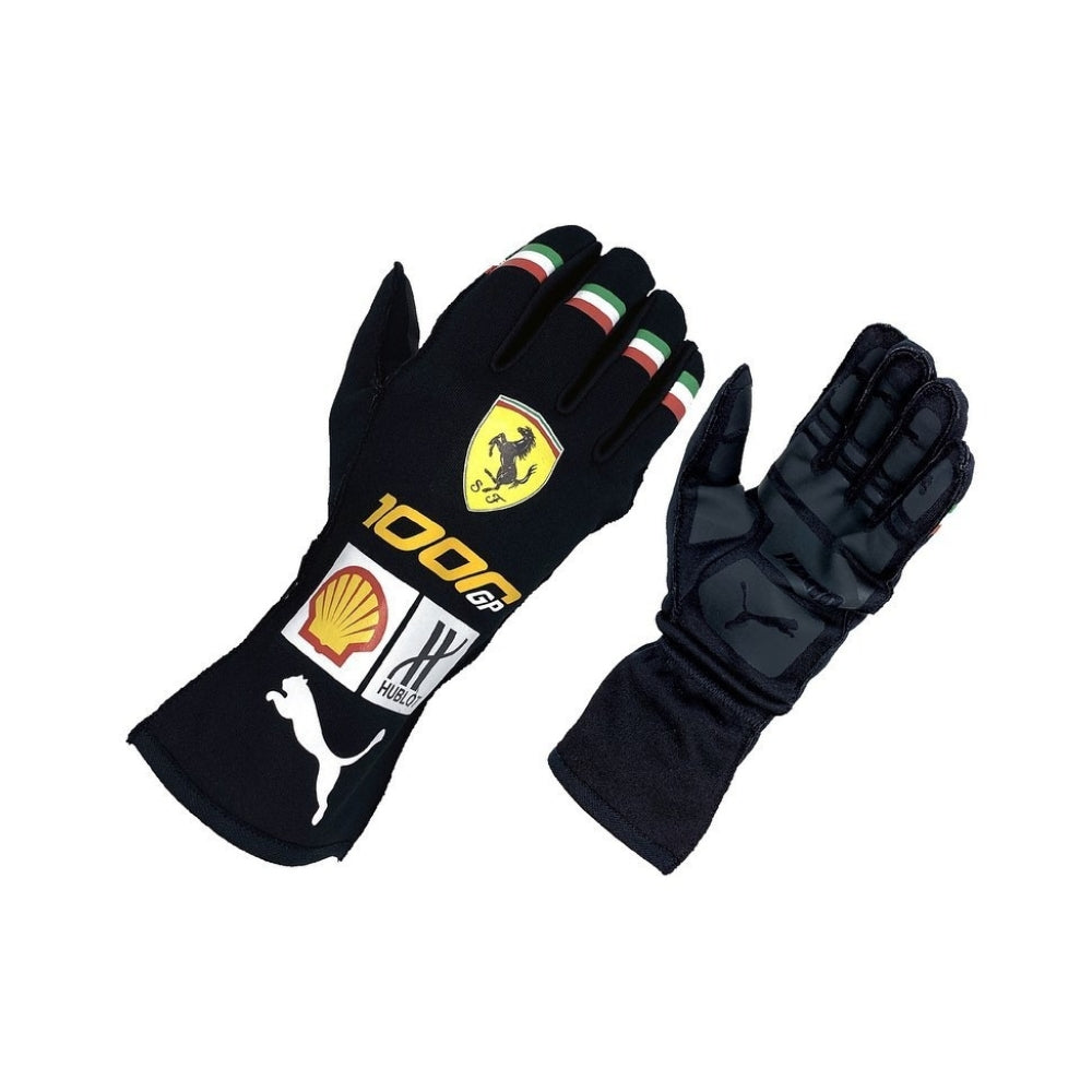 Black Charles Leclerc 2020 1000GP F1 racing gloves with sponsor logos on a white background