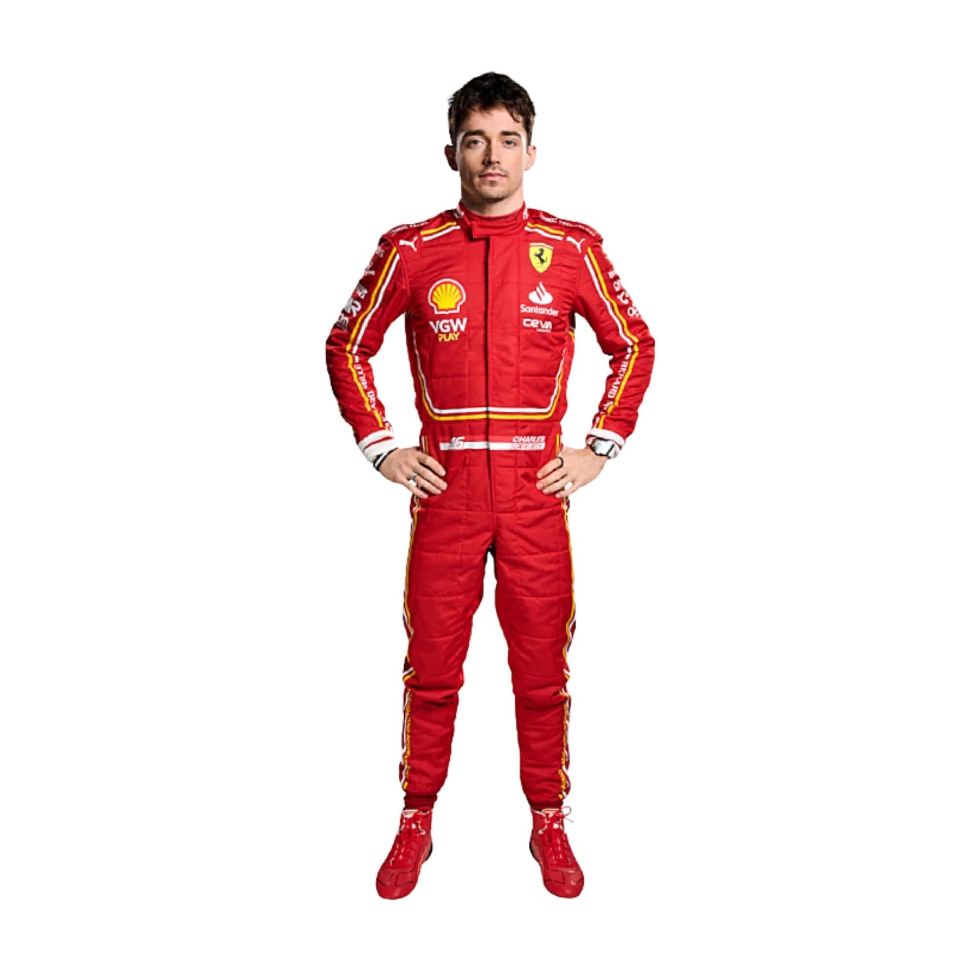 Front view of Charles Leclerc's 2024 F1 racing suit in vibrant red with black accents, featuring sponsor logos and a sleek design for maximum performance.