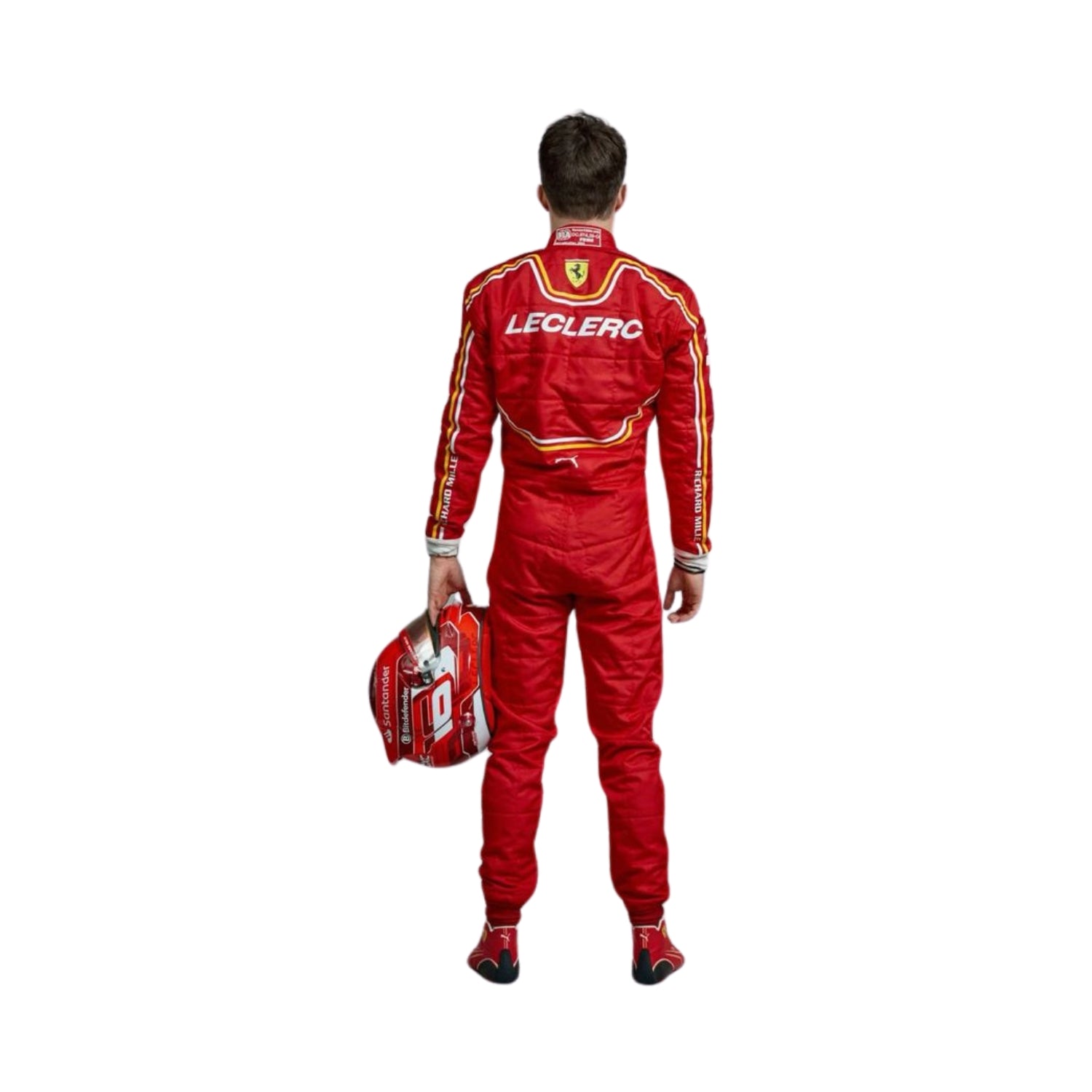 Rear view of Charles Leclerc's 2024 F1 race suit, highlighting a striking red base with black detailing and prominent sponsor logos.