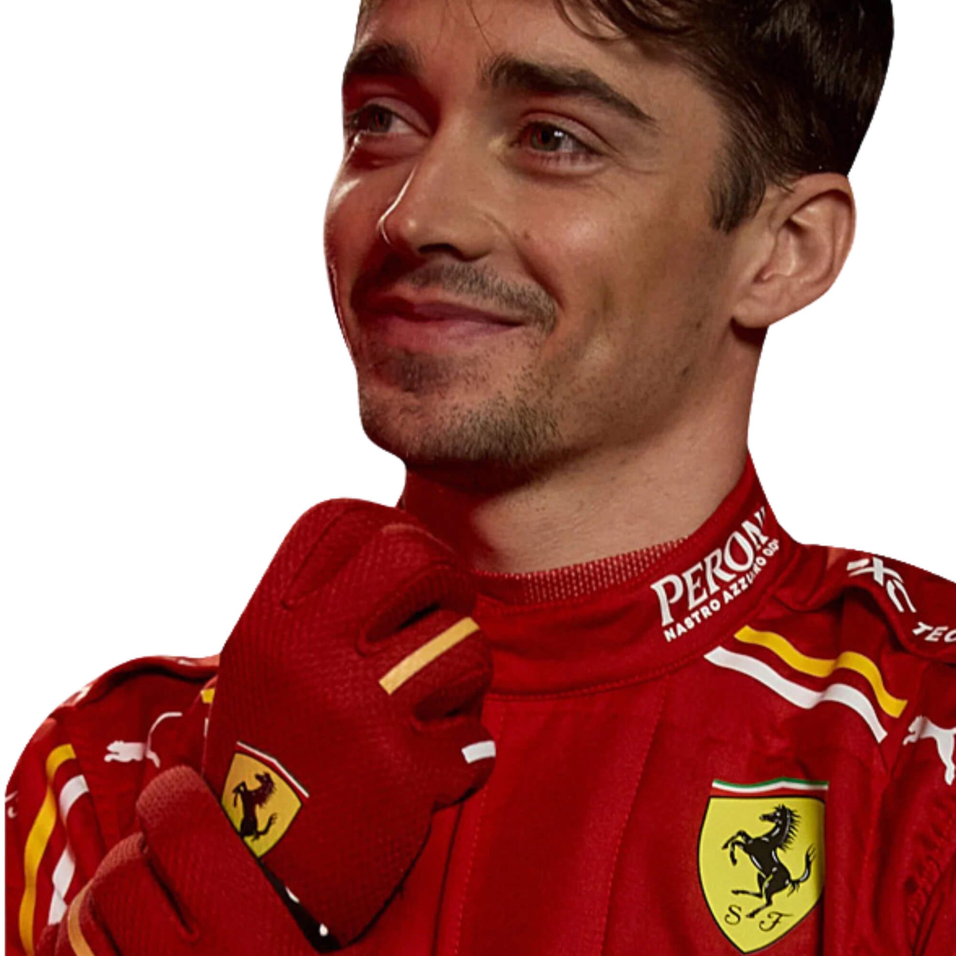 Close-up of Charles Leclerc's 2024 F1 race suit, focusing on the red material with black stitching and sponsor logos, highlighting its precision design.