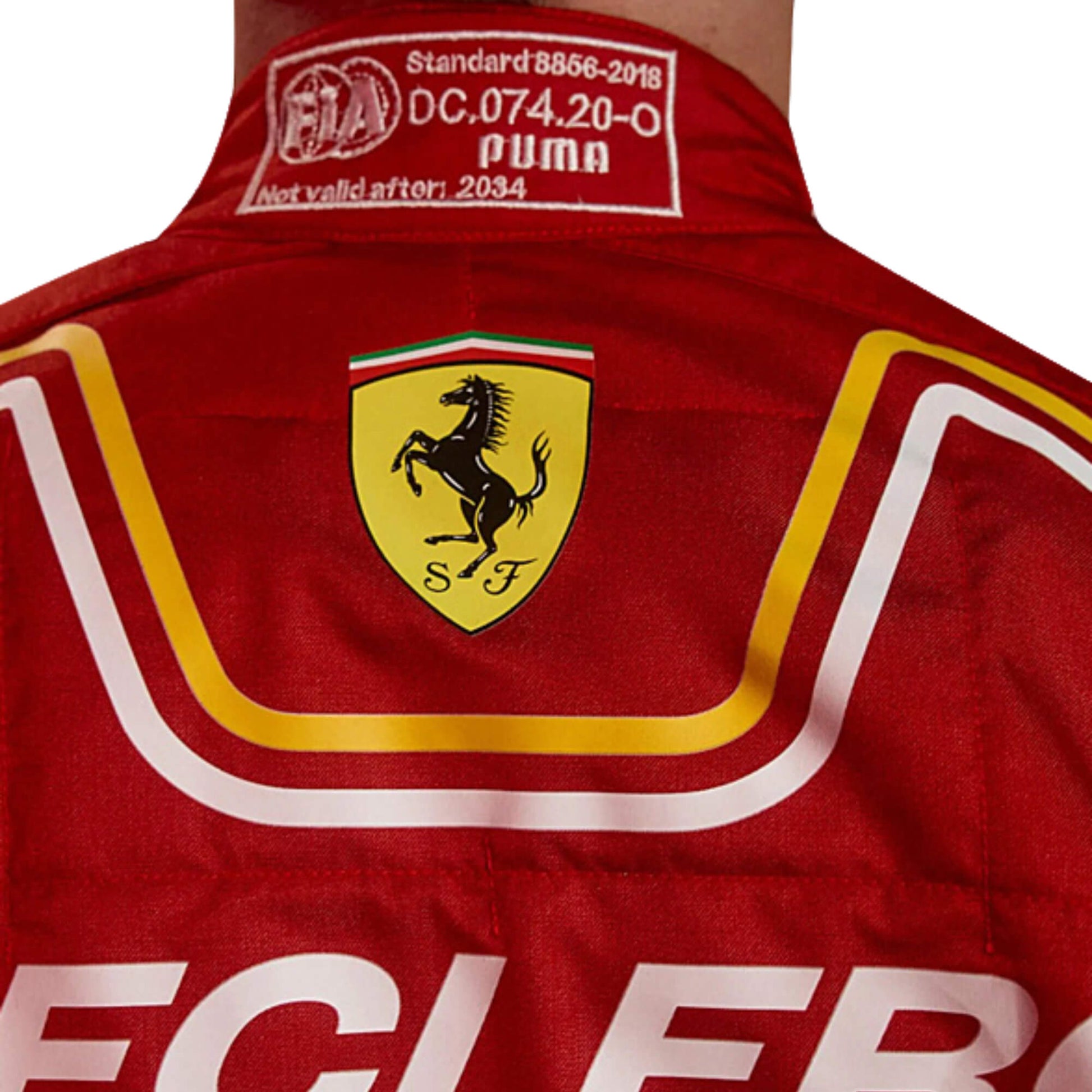 Rear view of Charles Leclerc's 2024 F1 race suit, highlighting a striking red base with black detailing and prominent sponsor logos.