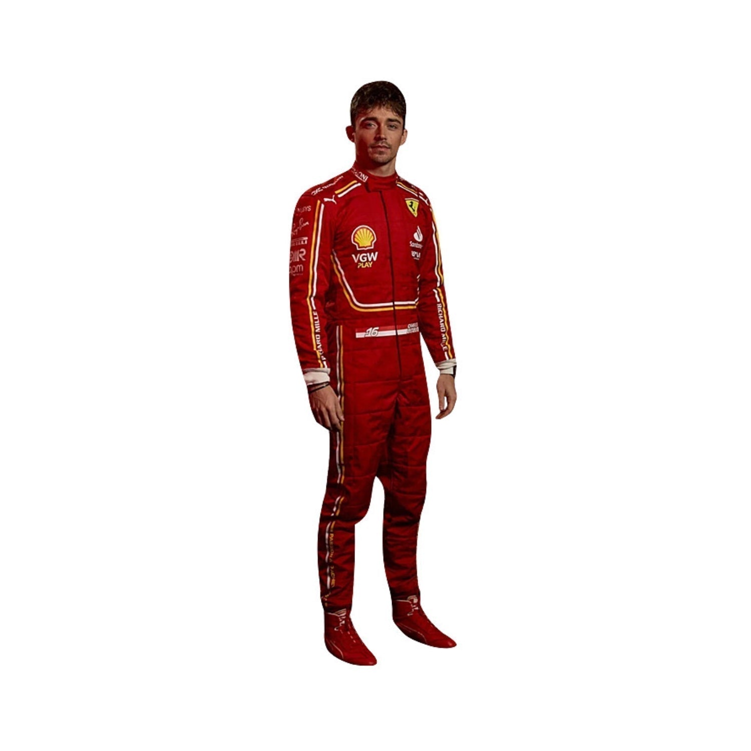 Front view of Charles Leclerc's 2024 F1 racing suit in vibrant red with black accents, featuring sponsor logos and a sleek design for maximum performance.