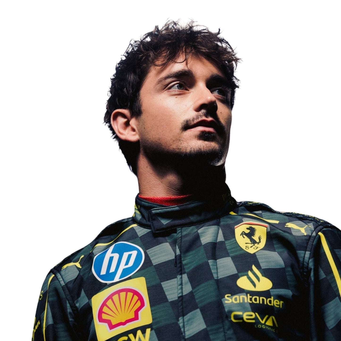 Close-up of Charles Leclerc's 2024 Italy GP race suit, displaying the intricate black material with Modena yellow stitching and sponsor logos.