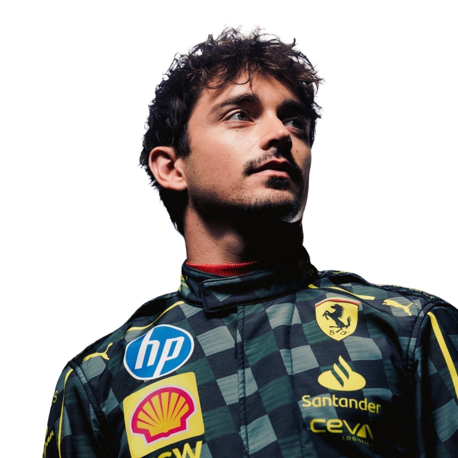 Close-up of Charles Leclerc's 2024 Italy GP race suit, displaying the intricate black material with Modena yellow stitching and sponsor logos.