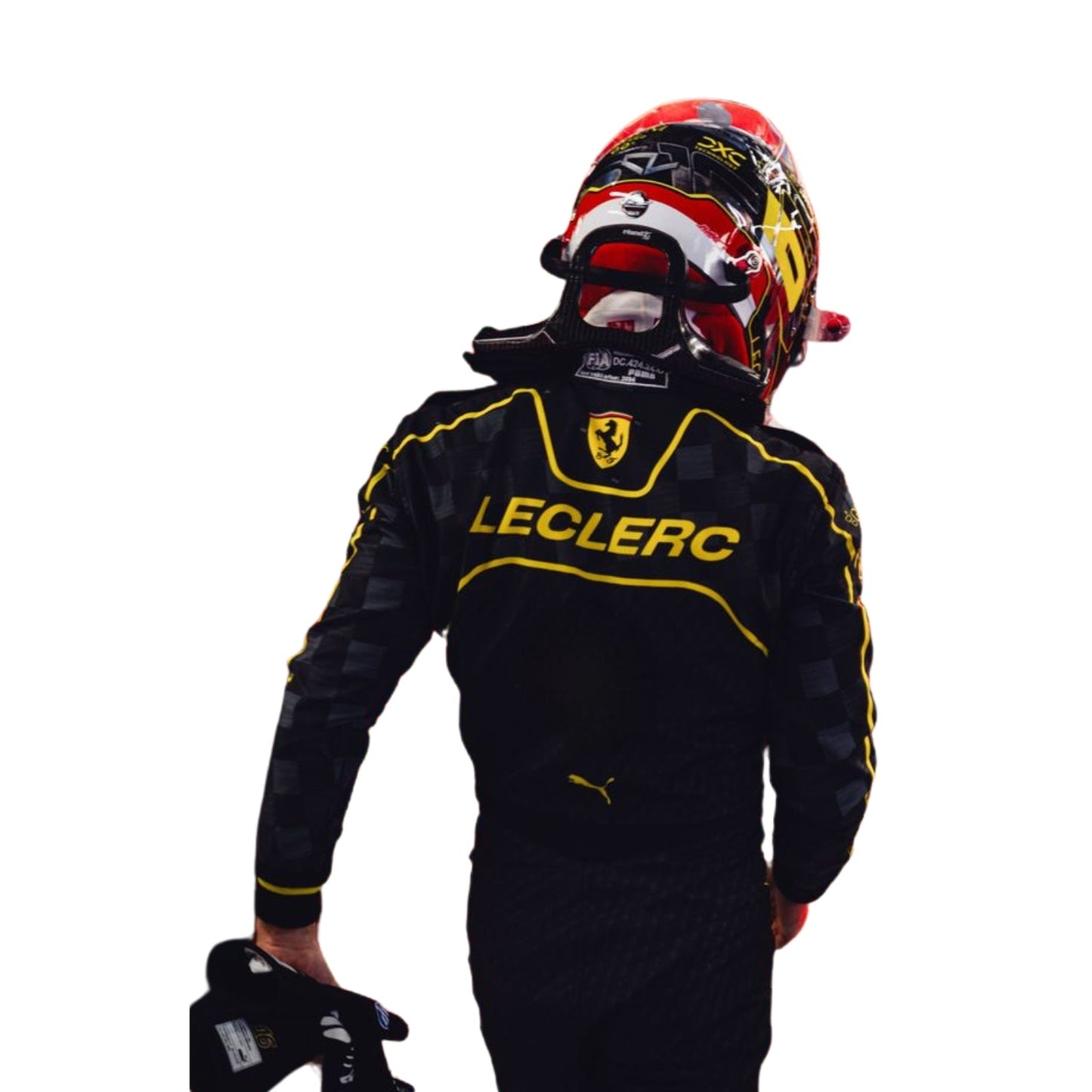 Rear view of Charles Leclerc's 2024 Italy GP race suit, featuring a black base with Modena yellow detailing along with prominent sponsor logos.