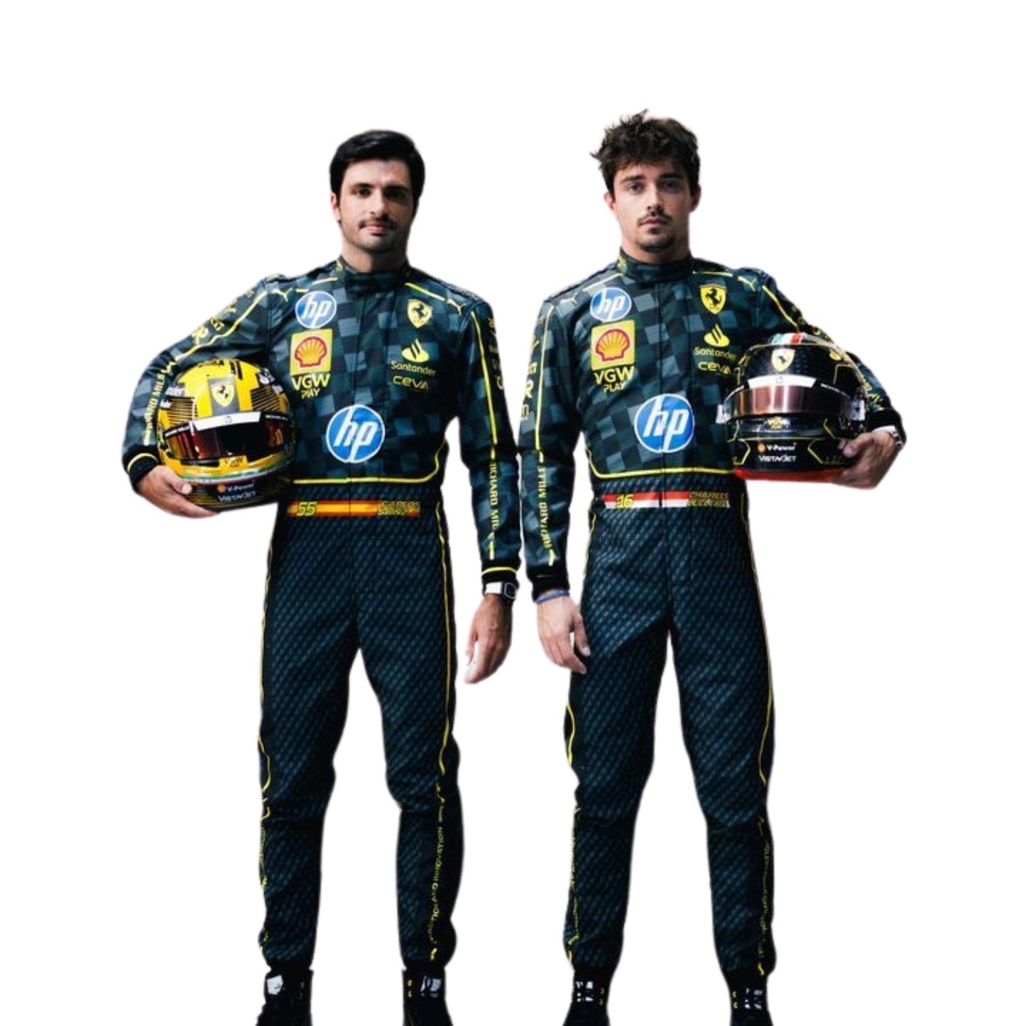 Front view of Charles Leclerc's and Carlos Saniz 2024 Italy GP F1 racing suit in black with Modena yellow accents, showcasing a modern design with sponsor logos.
