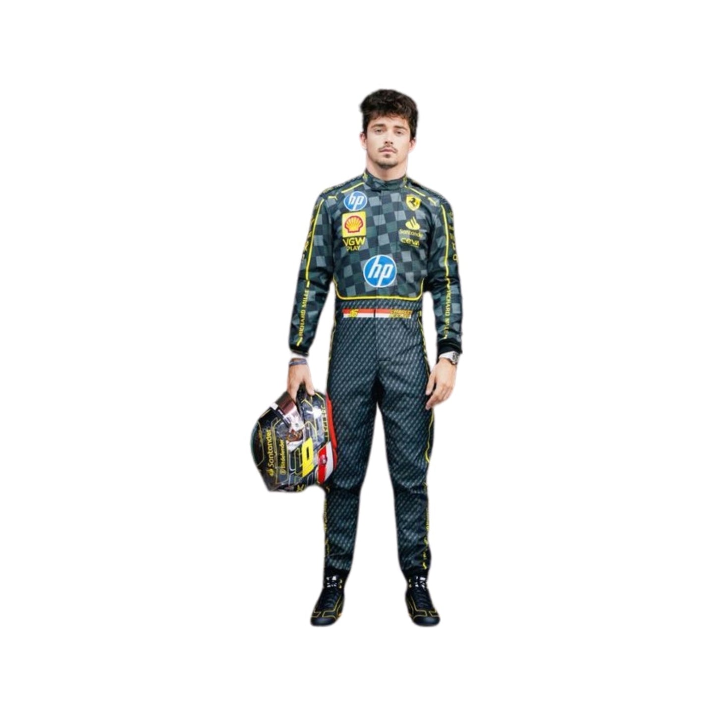 Front view of Charles Leclerc's 2024 Italy GP F1 racing suit in black with Modena yellow accents, showcasing a modern design with sponsor logos.