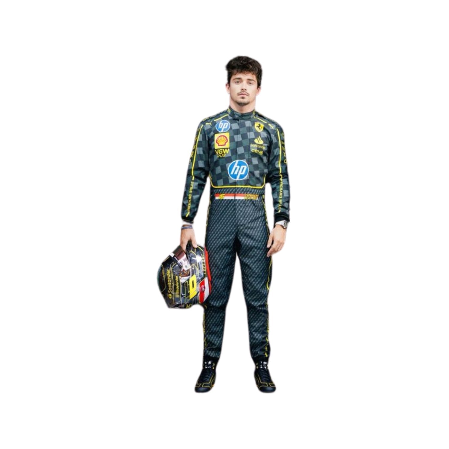 Front view of Charles Leclerc's 2024 Italy GP F1 racing suit in black with Modena yellow accents, showcasing a modern design with sponsor logos.