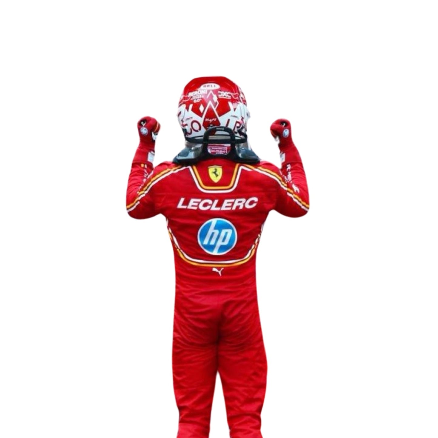 Rear view of Charles Leclerc's 2024 Monaco GP race suit, featuring a red base with yellow detailing along with prominent sponsor logos.