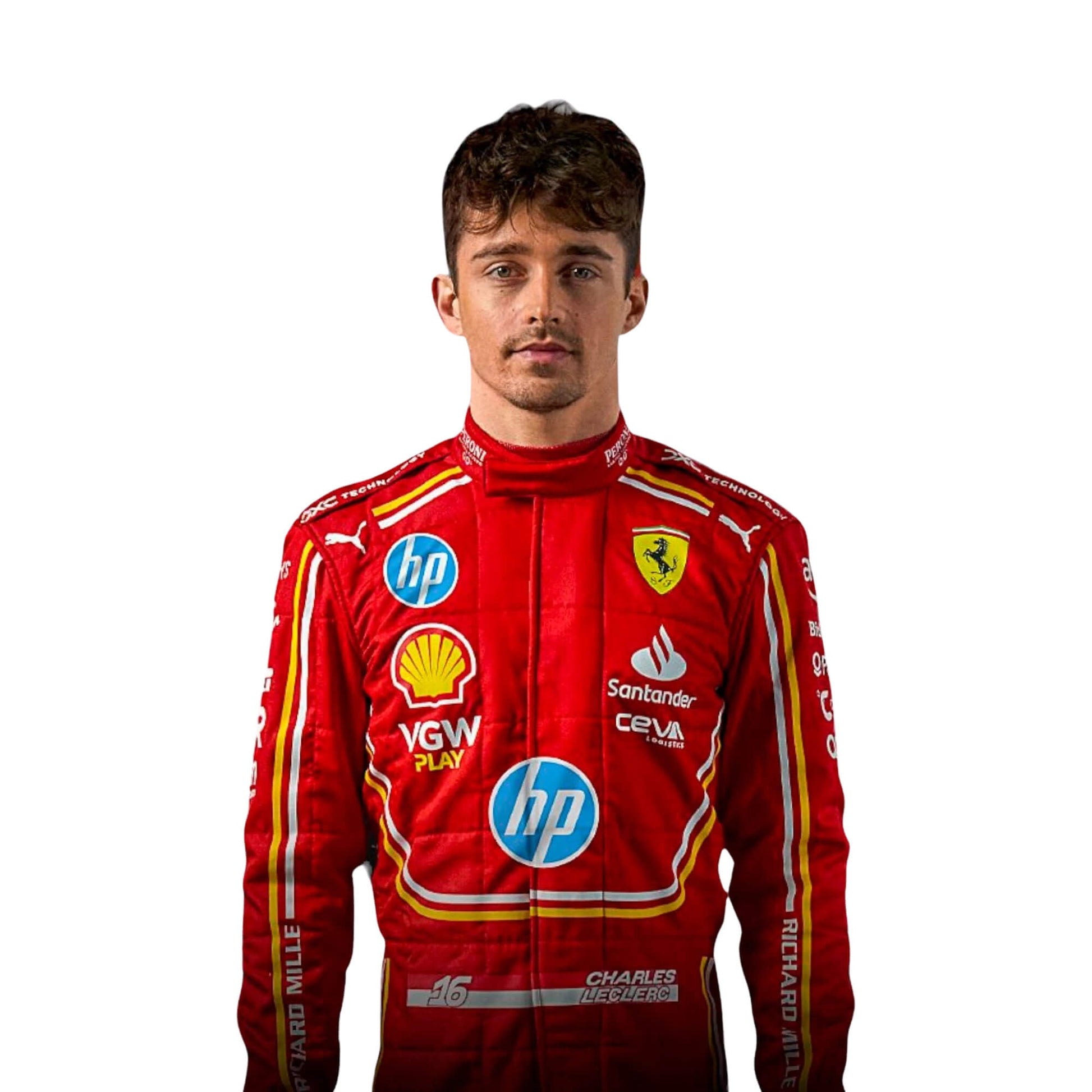Close-up of Charles Leclerc's 2024 Monaco GP race suit, displaying the intricate red material with yellow stitching and sponsor logos.