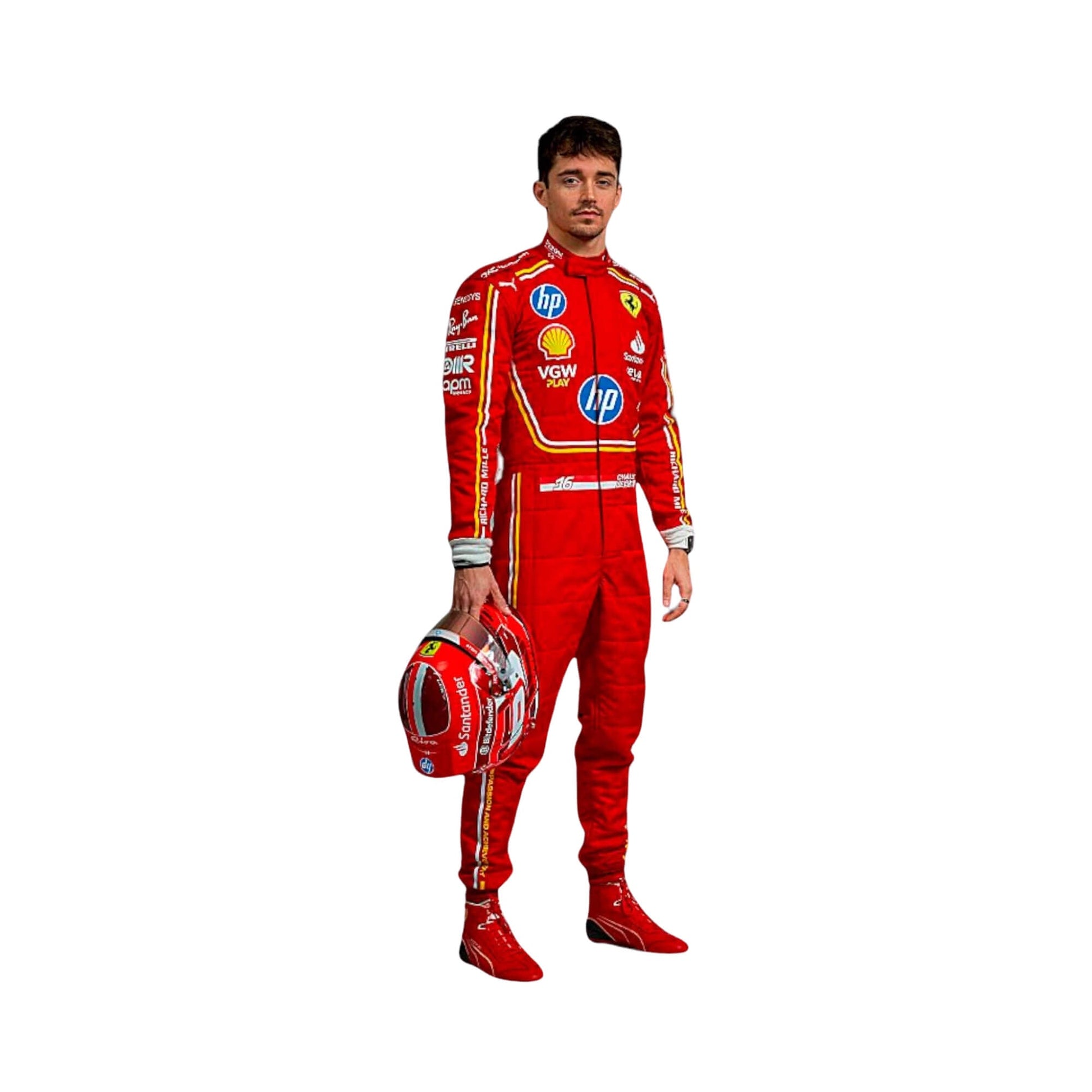 Front view of Charles Leclerc's 2024 Monaco GP F1 racing suit in red with yellow accents, showcasing a vibrant design with sponsor logos.