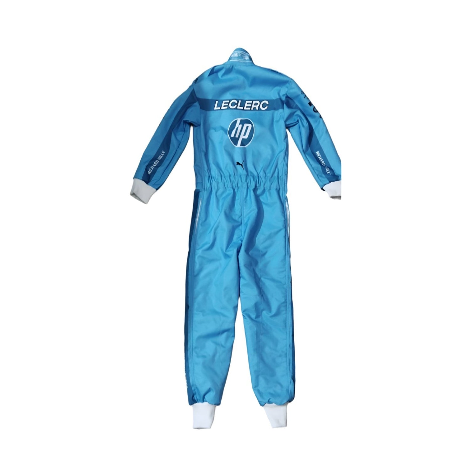 Rear view of Charles Leclerc's 2024 Miami GP race suit, featuring a blue base with yellow detailing along with prominent sponsor logos.