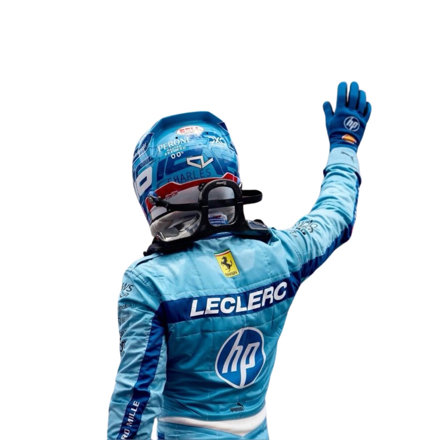 Close-up of Charles Leclerc's 2024 Miami GP race suit, displaying the intricate blue material with yellow stitching and sponsor logos.