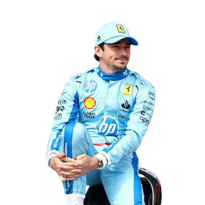 Close-up of Charles Leclerc's 2024 Miami GP race suit, displaying the intricate blue material with yellow stitching and sponsor logos.